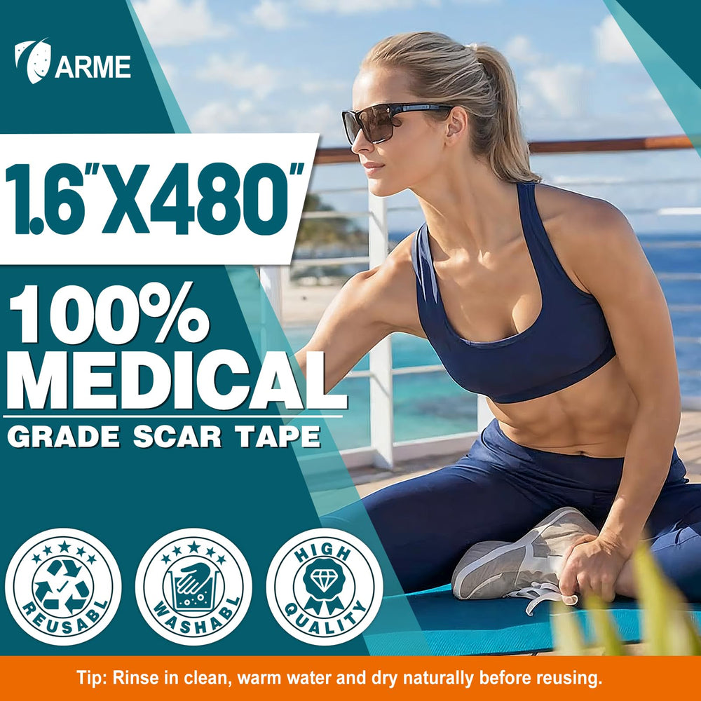 Arme silicone scar tape on face area demonstrates precise trimming for delicate coverage
