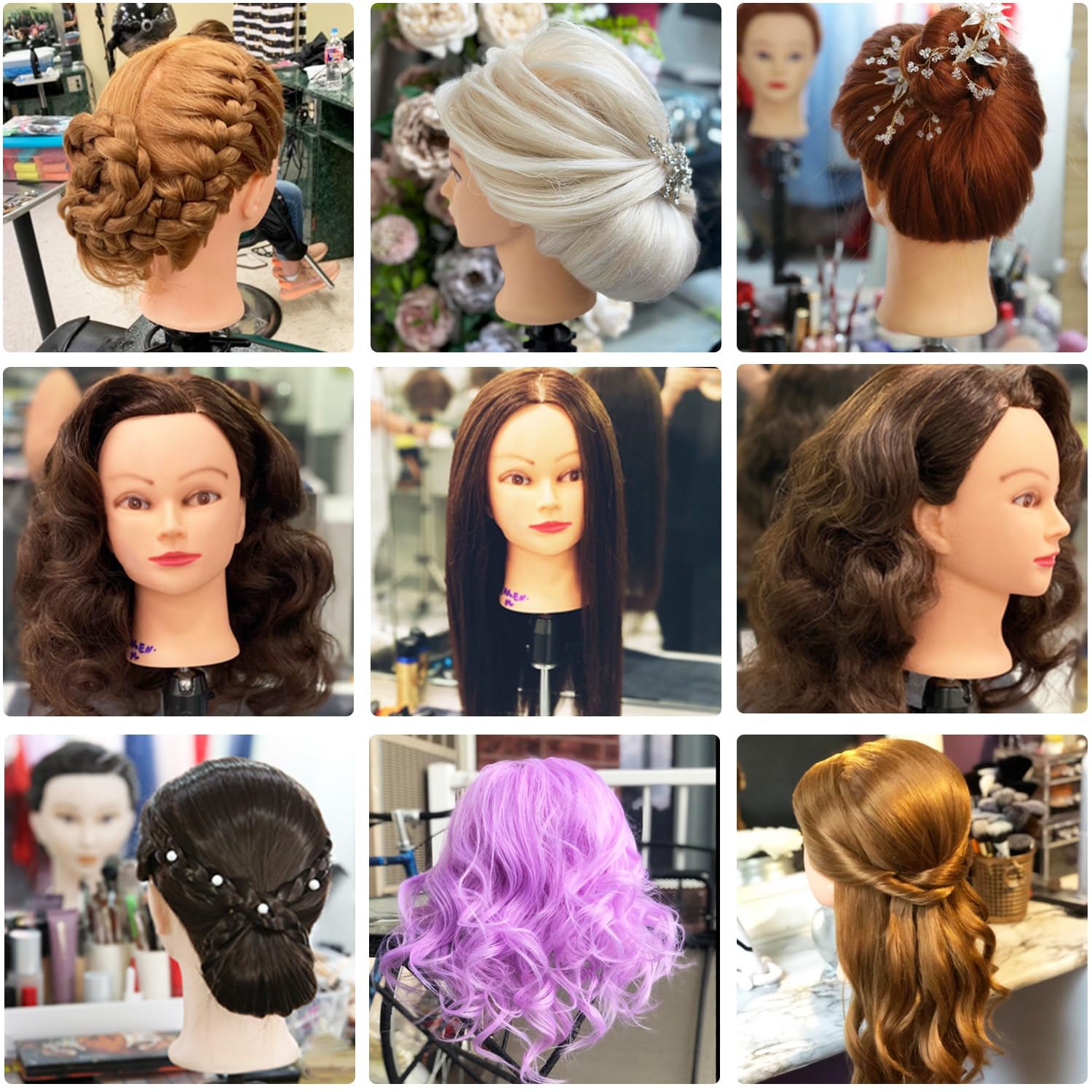 Armmu mannequin head with dense 180% hair demonstrates voluminous styling possibilities.