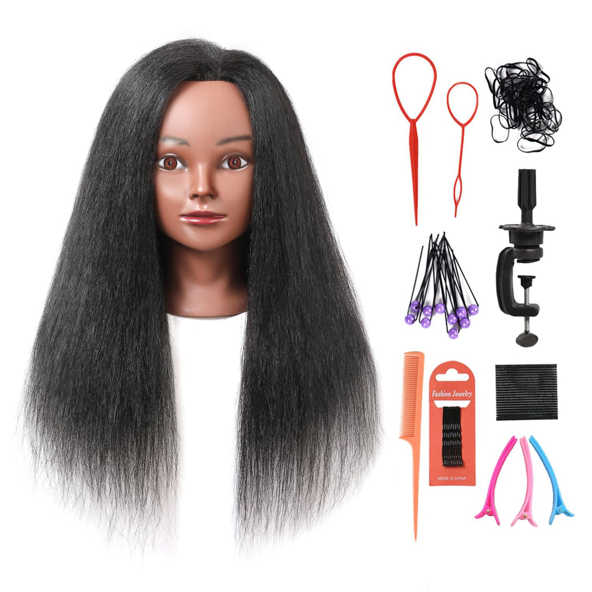 Armmu mannequin head with real hair closeup for braiding practice and hairdressing education