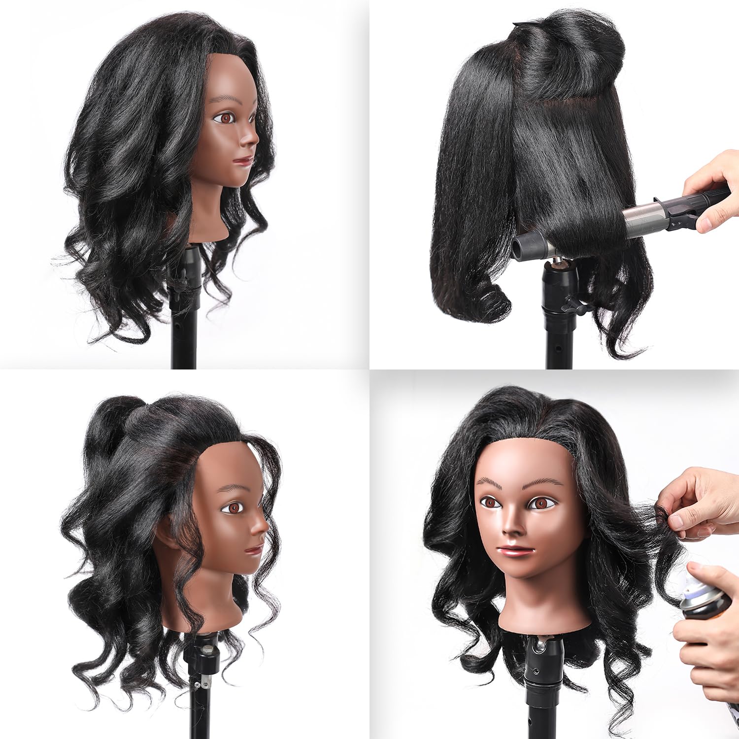 Armmu 16-inch black mannequin head with tools pack for classroom training