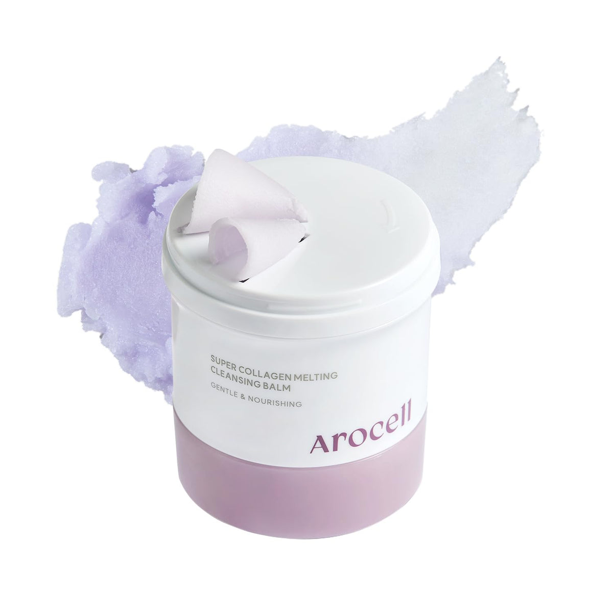 AROCELL Super Collagen Melting Balm jar closeup showing hydrating makeup removal benefits.