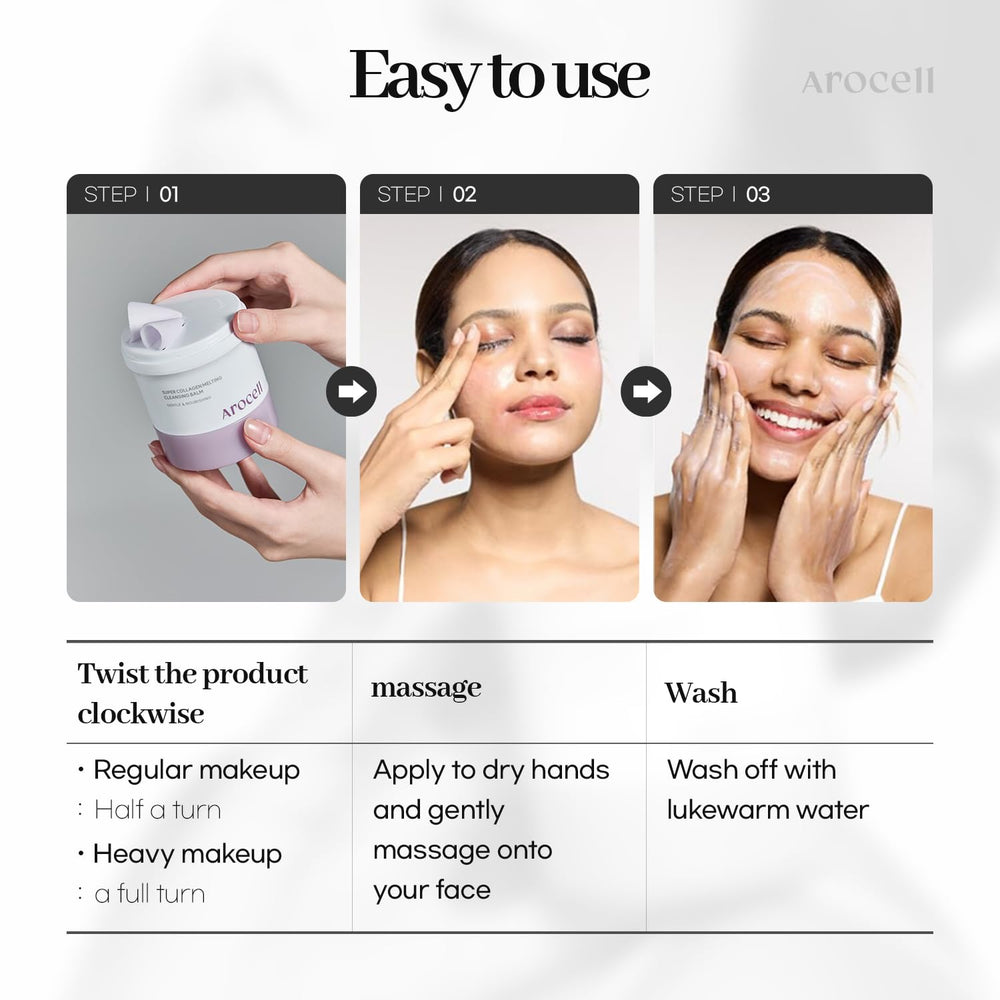 AROCELL Super Collagen Melting Balm for all skin types closeup highlighting gentle daily cleansing.