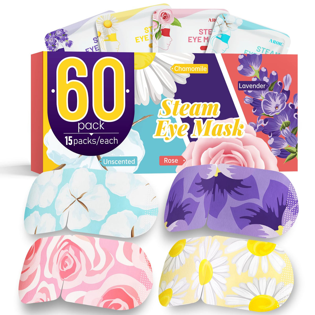 AROIC steam eye masks lavender packaging for stress-relief ritual