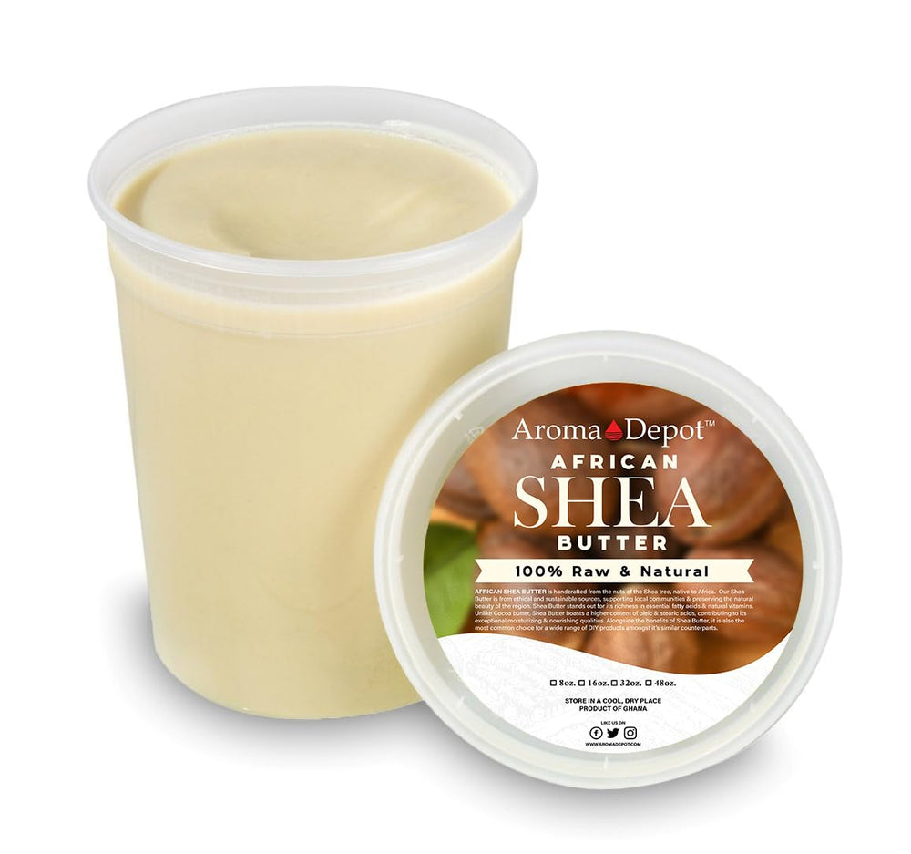 Aroma Depot Shea Butter being applied to hands demonstrates quick skin soothing.