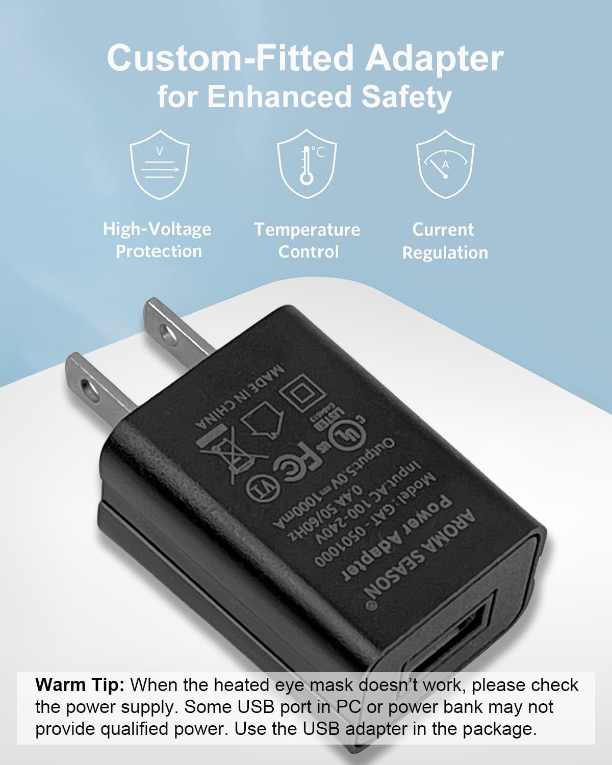 Aroma Season heated eye mask control panel, five heat levels for customization.