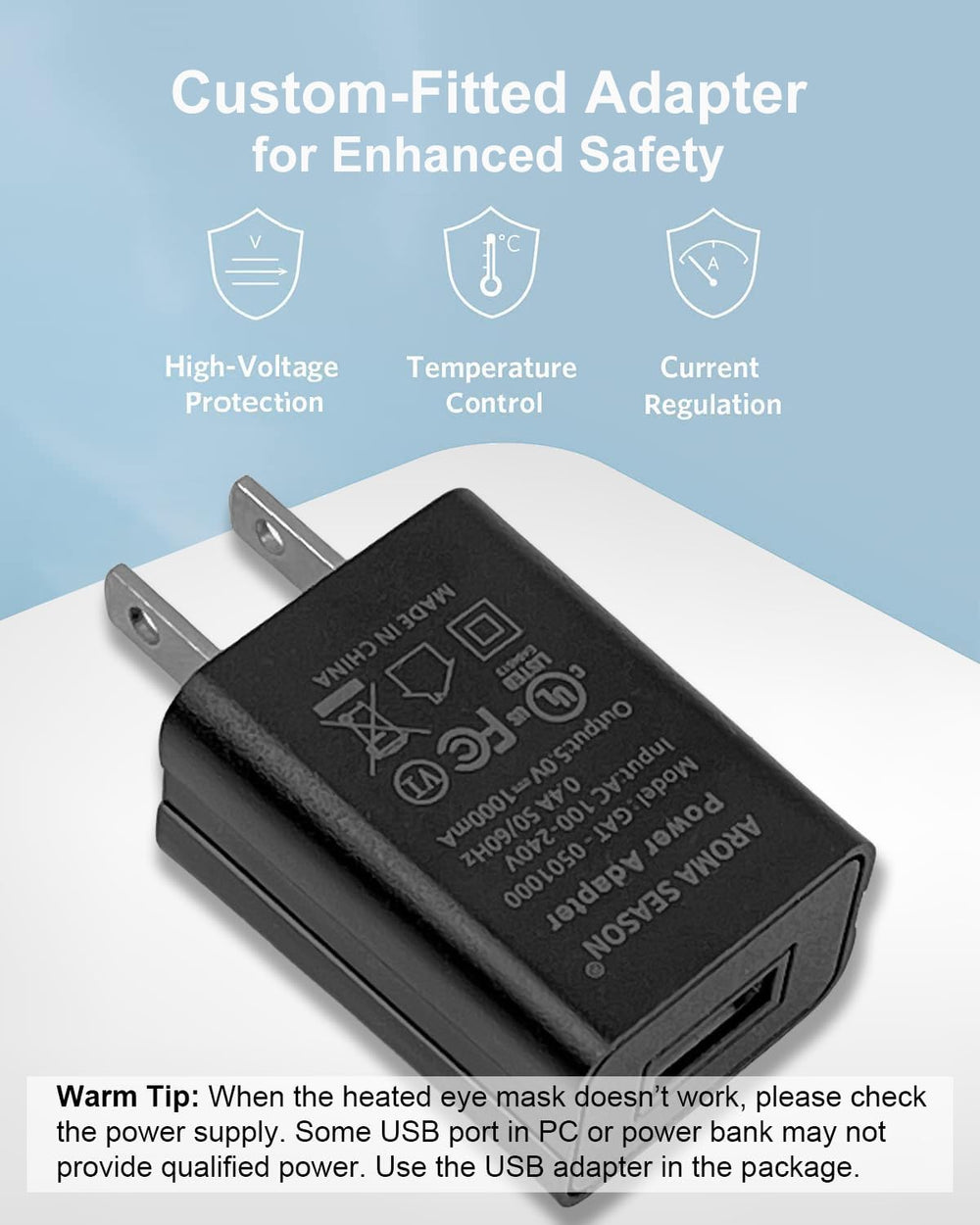 Aroma Season heated eye mask control panel, five heat levels for customization.