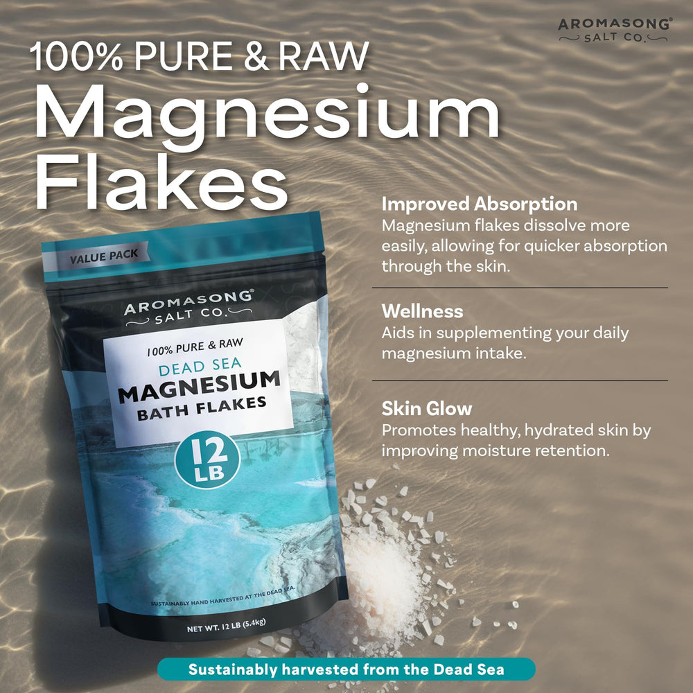 Aromasong magnesium bath flakes in a bottle close-up, premium mineral soak.