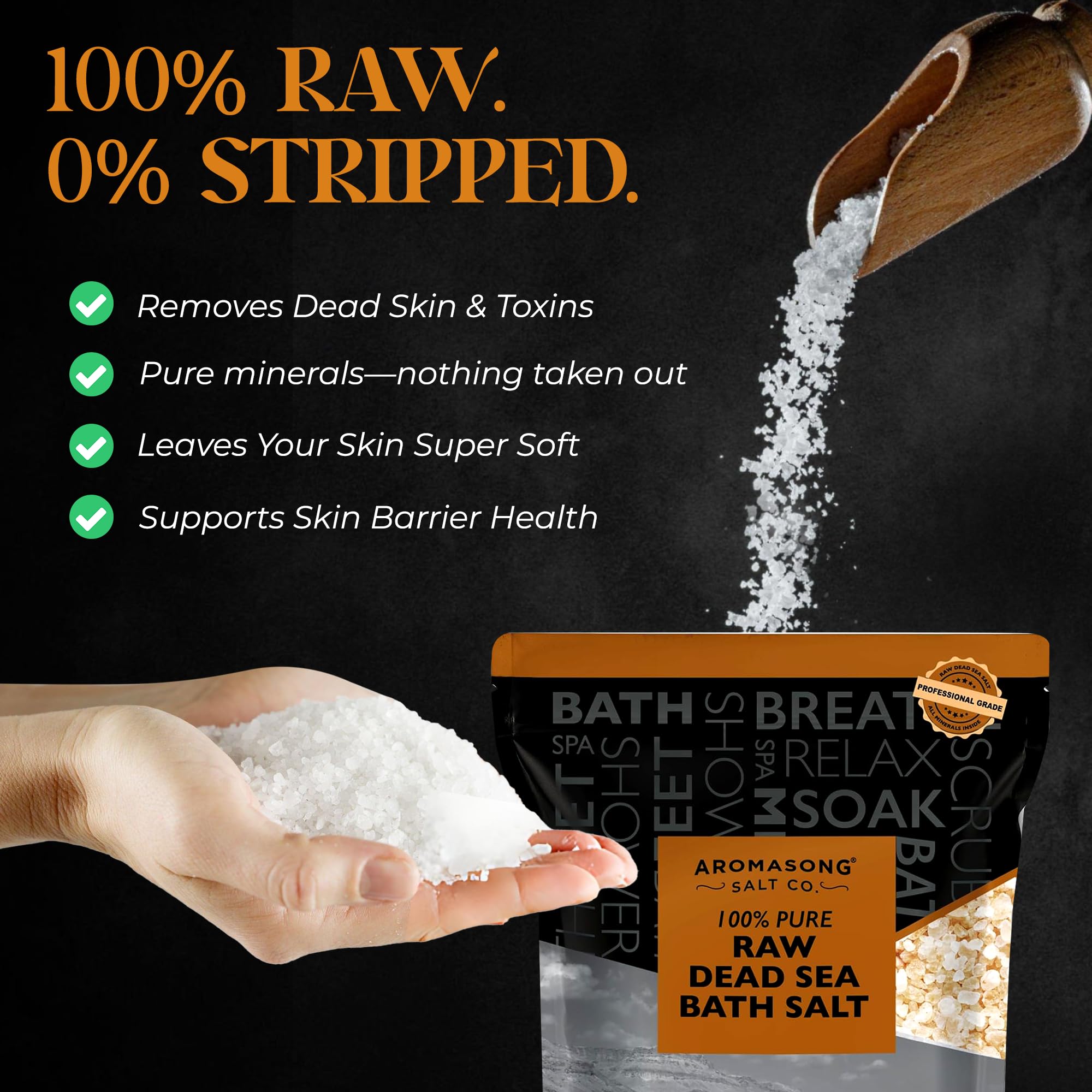 Aromasong bath salt softening skin application demonstrates soothing soak.