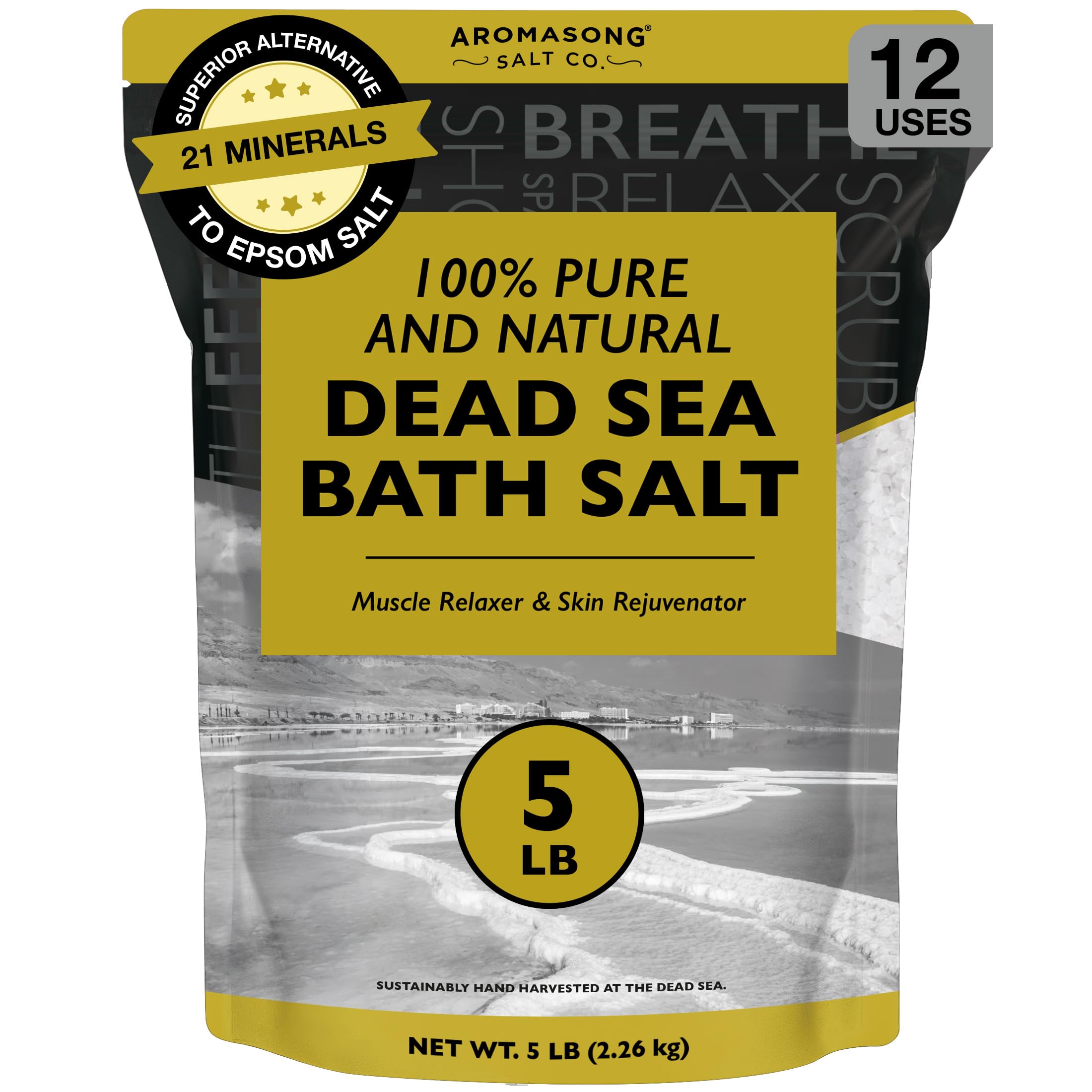 Aromasong bulk Dead Sea salt packaging with reseal feature for freshness