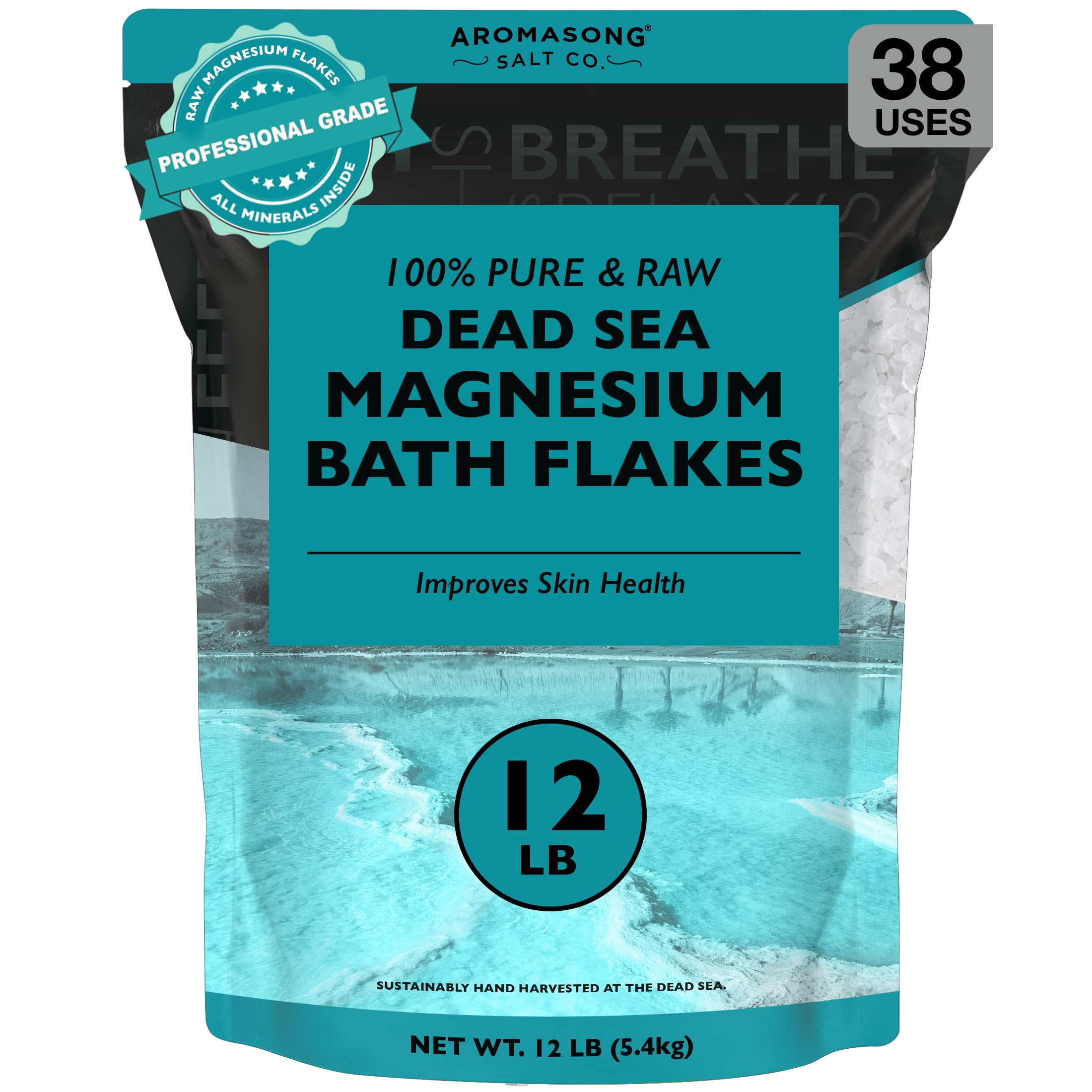 Aromasong Dead Sea magnesium flakes pack close-up for a relaxing bath soak.