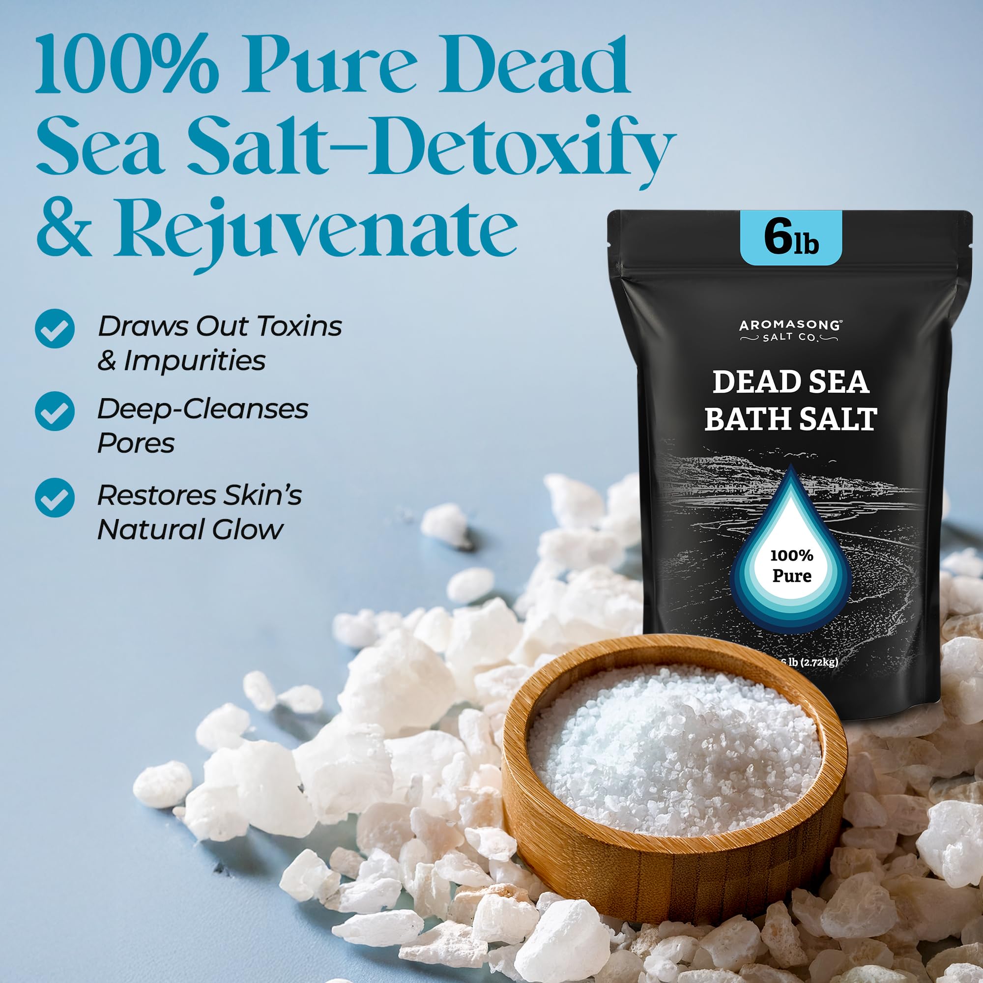 Aromasong Dead Sea Salt Bath bulk bag open shows resealable packaging for freshness.