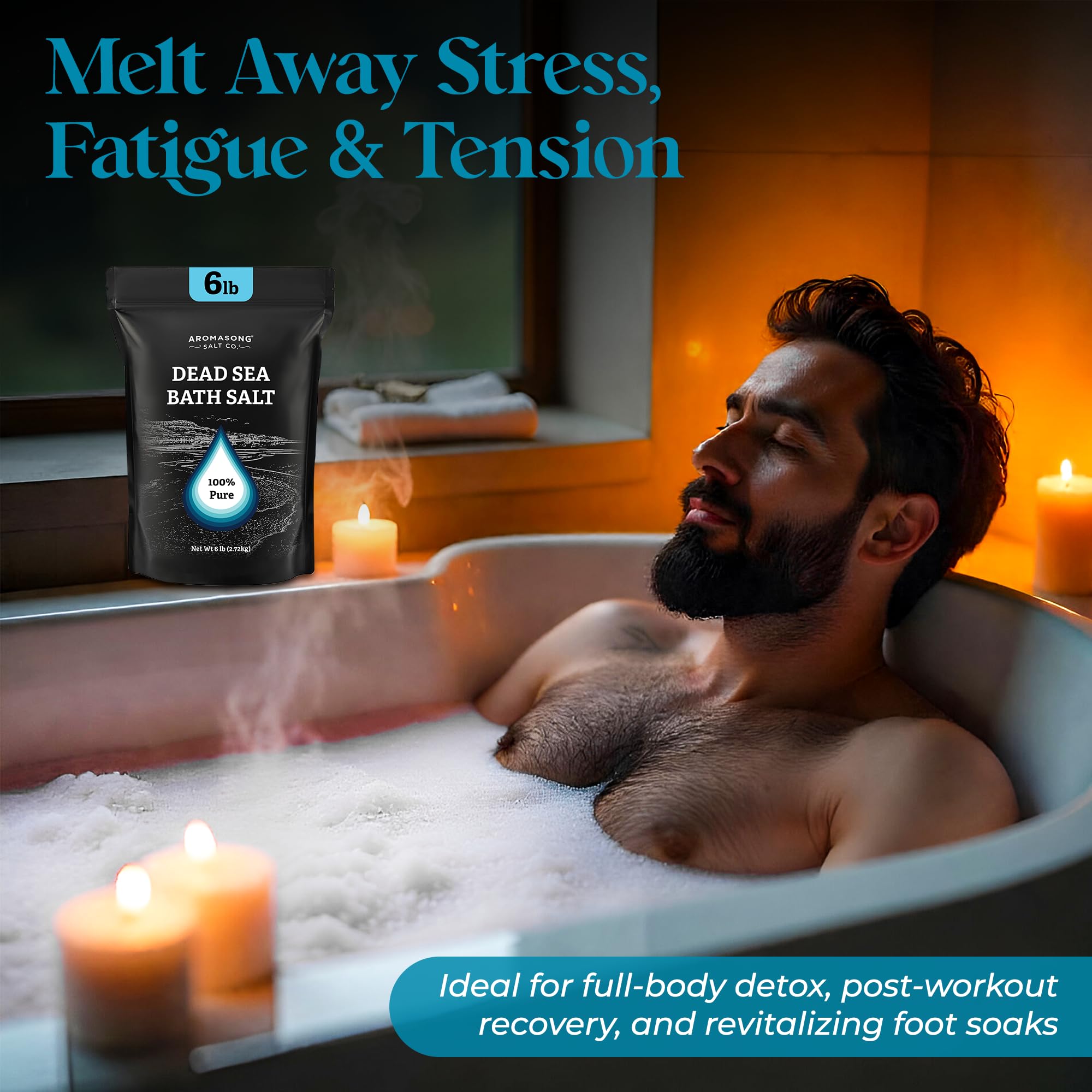 Aromasong Dead Sea Salt Bath in tub offers a spa-like soak.