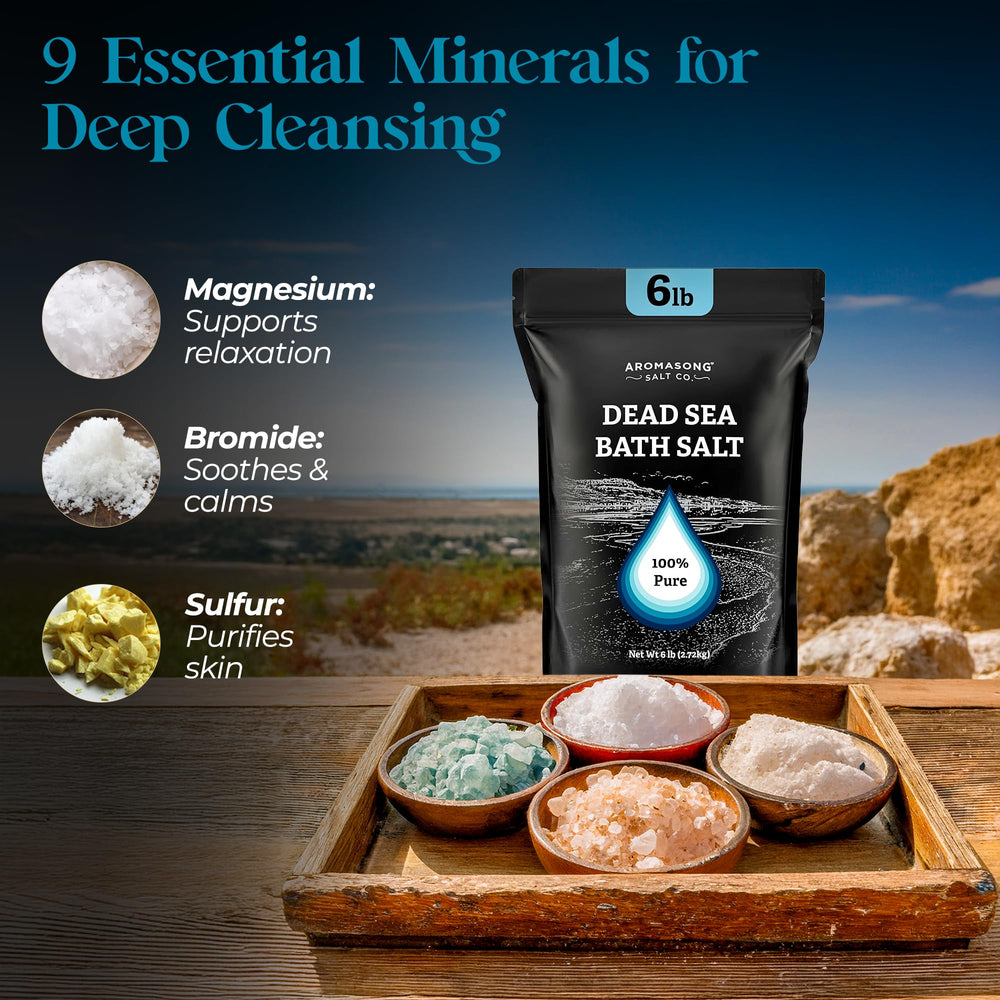 Aromasong Dead Sea Salt Mineral Rich highlights minerals for skin softness.