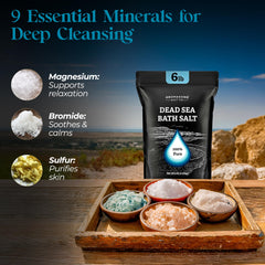 Aromasong Dead Sea Salt Mineral Rich highlights minerals for skin softness.