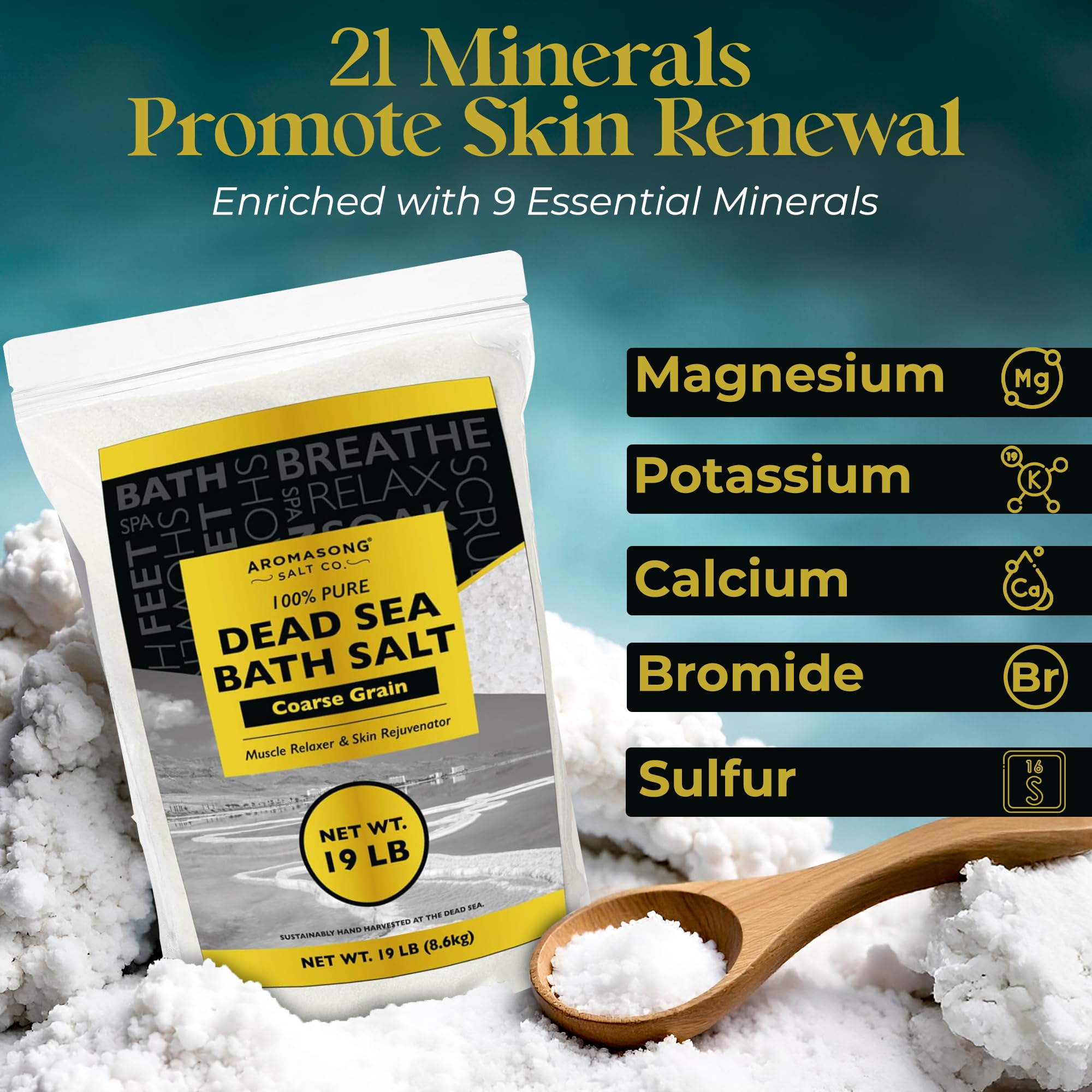 Aromasong Dead Sea Salt being poured for a soothing muscle-relief bath