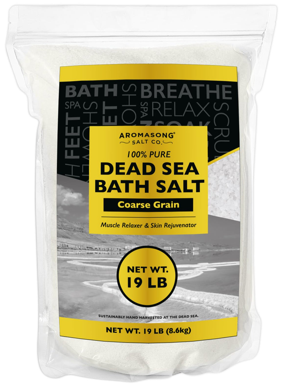 Aromasong Dead Sea Salt resealable bag preserves freshness for easy storage