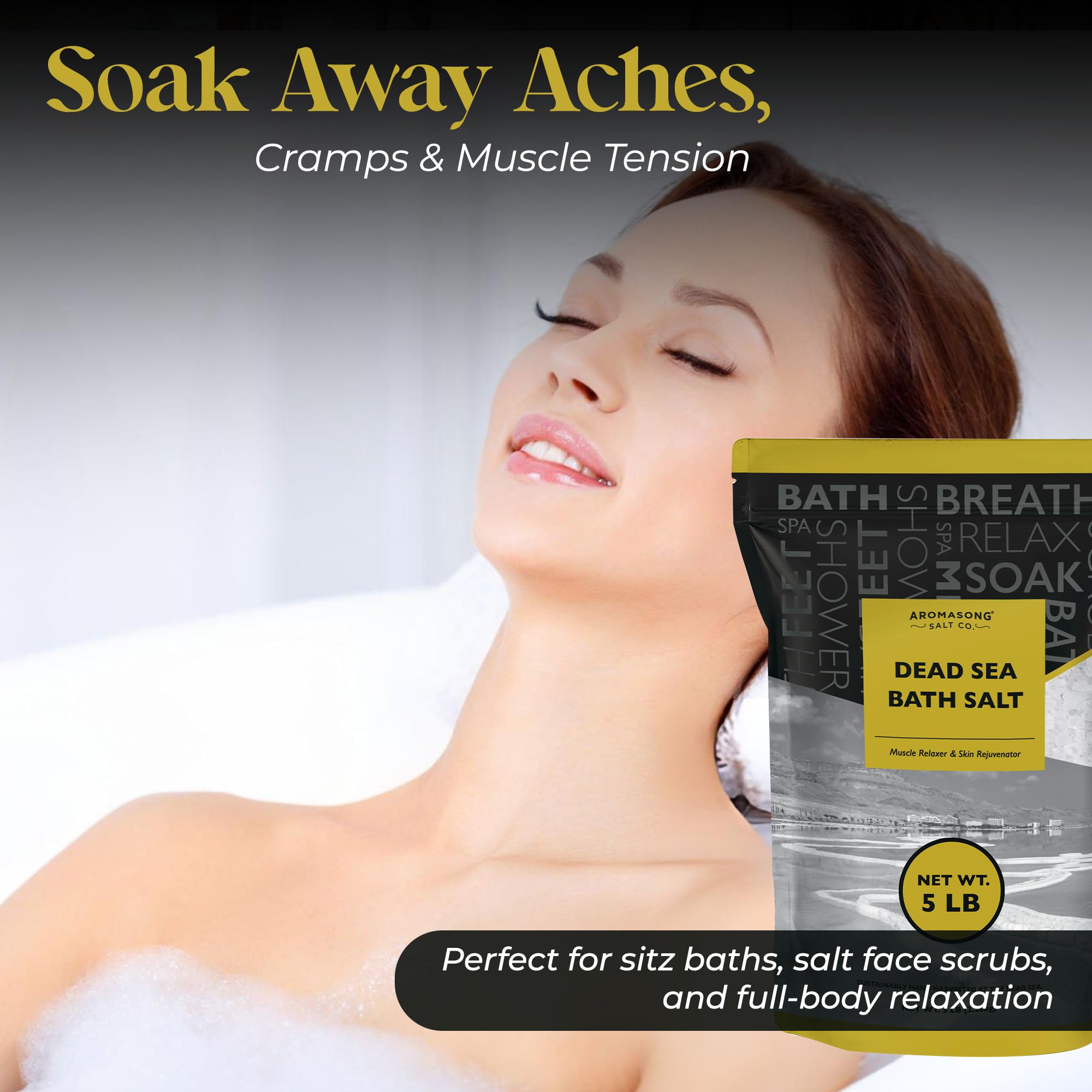 Aromasong Dead Sea salt being poured into a bath for relaxation