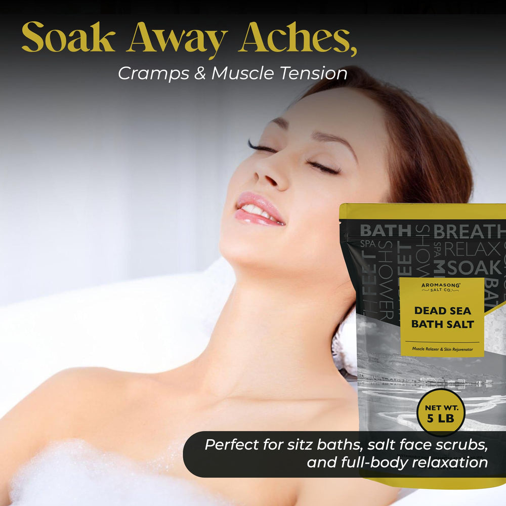 Aromasong Dead Sea salt being poured into a bath for relaxation