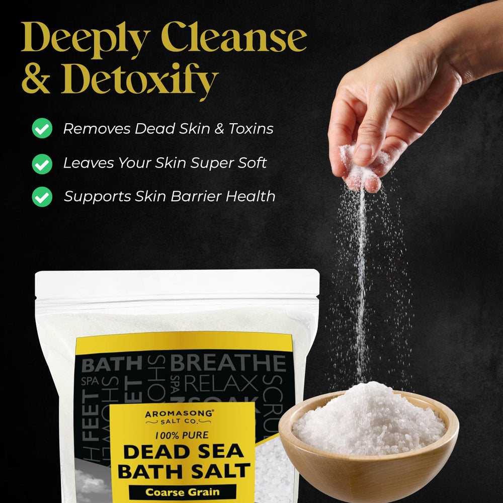 Aromasong Dead Sea Salt coarse-grain texture helps soften skin during soaking