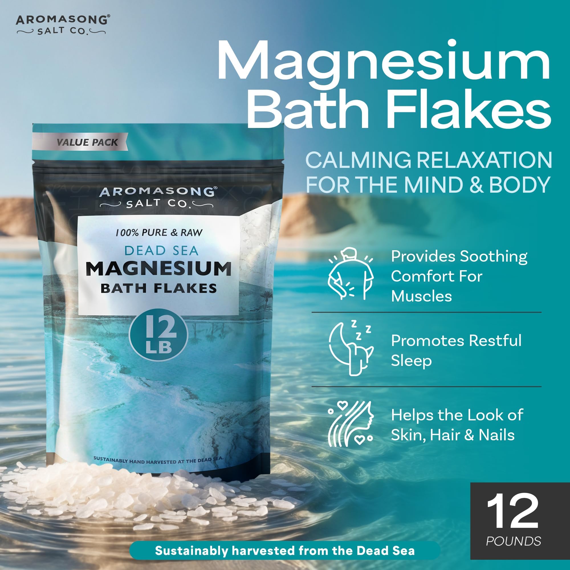 Aromasong magnesium flakes dissolving in warm water for a soothing soak.