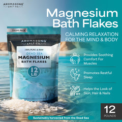 Aromasong magnesium flakes dissolving in warm water for a soothing soak.