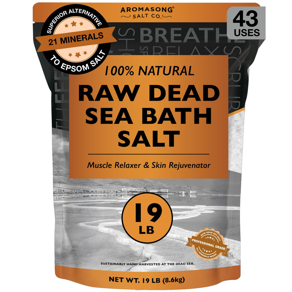 Aromasong raw Dead Sea bath salt bag label highlighting bulk 19 lb soaking option.