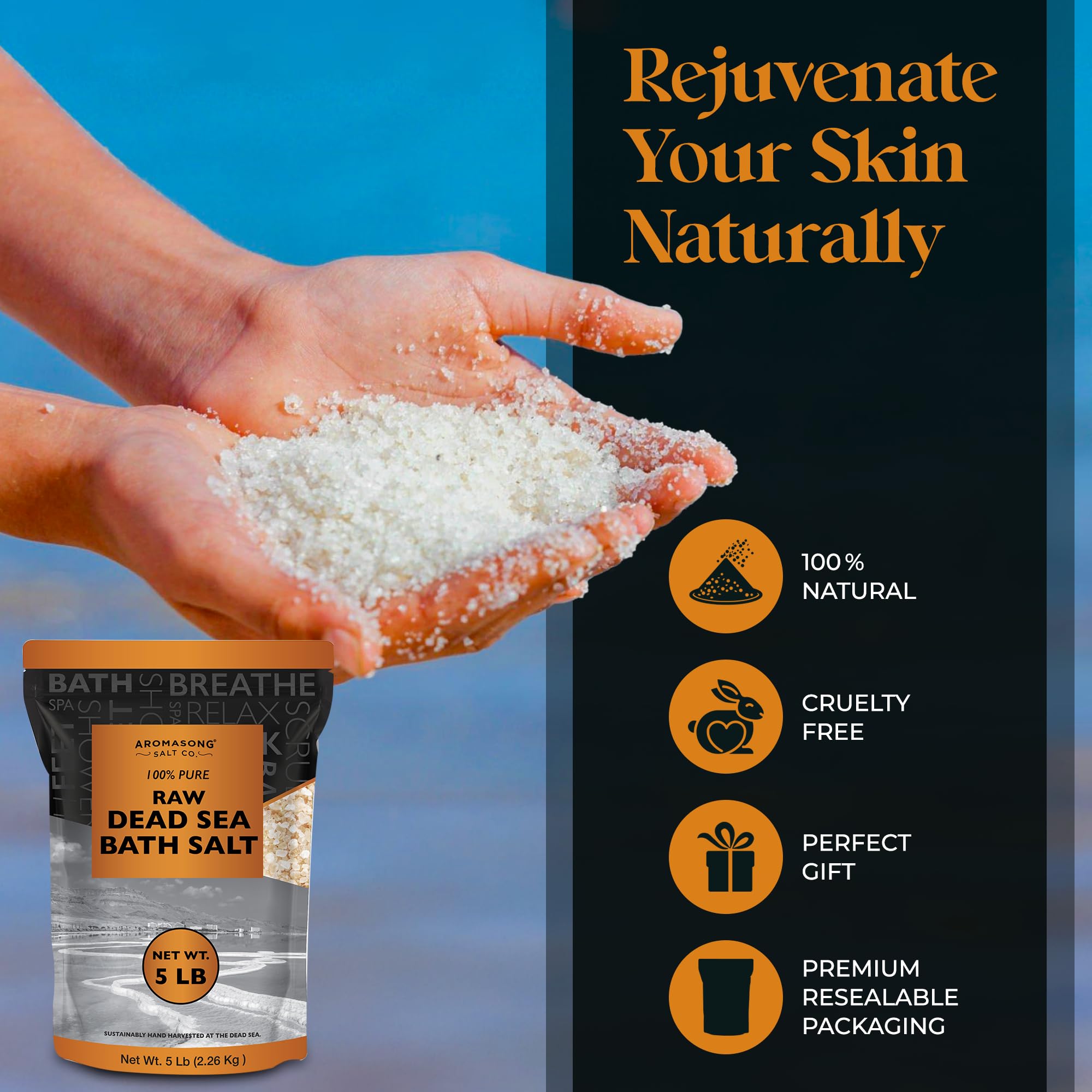 Aromasong raw dead sea salt dissolving in warm water for a spa-like bath.