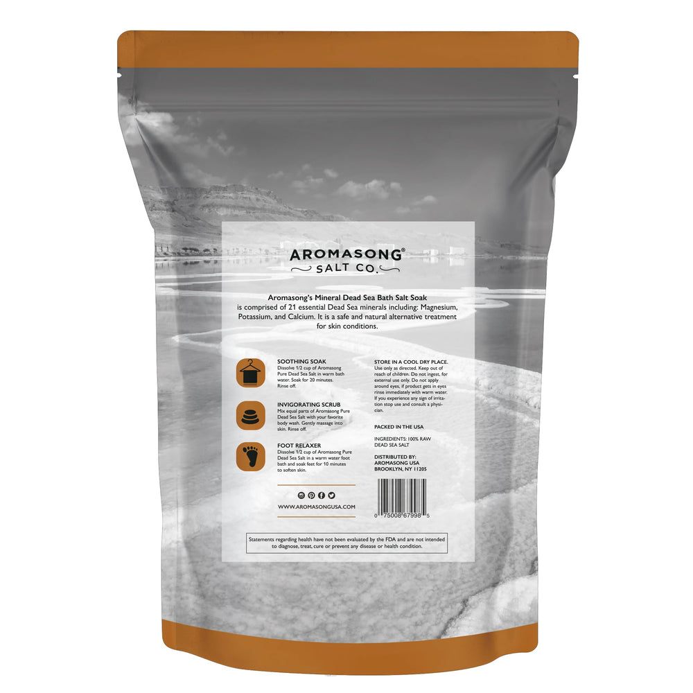 Aromasong raw dead sea salt resealable pack keeping product fresh between uses.