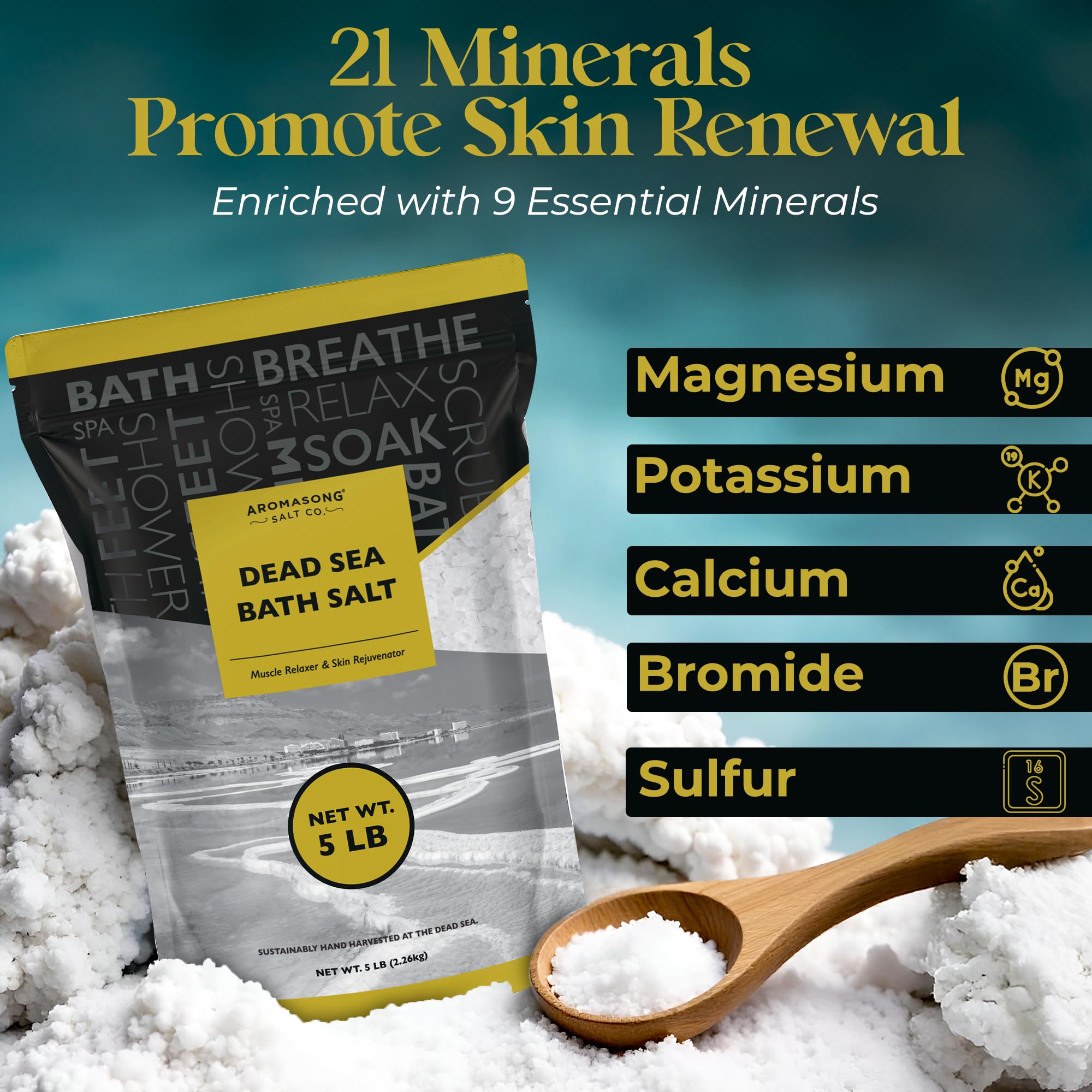 Aromasong resealable pack of Dead Sea salt highlights easy storage