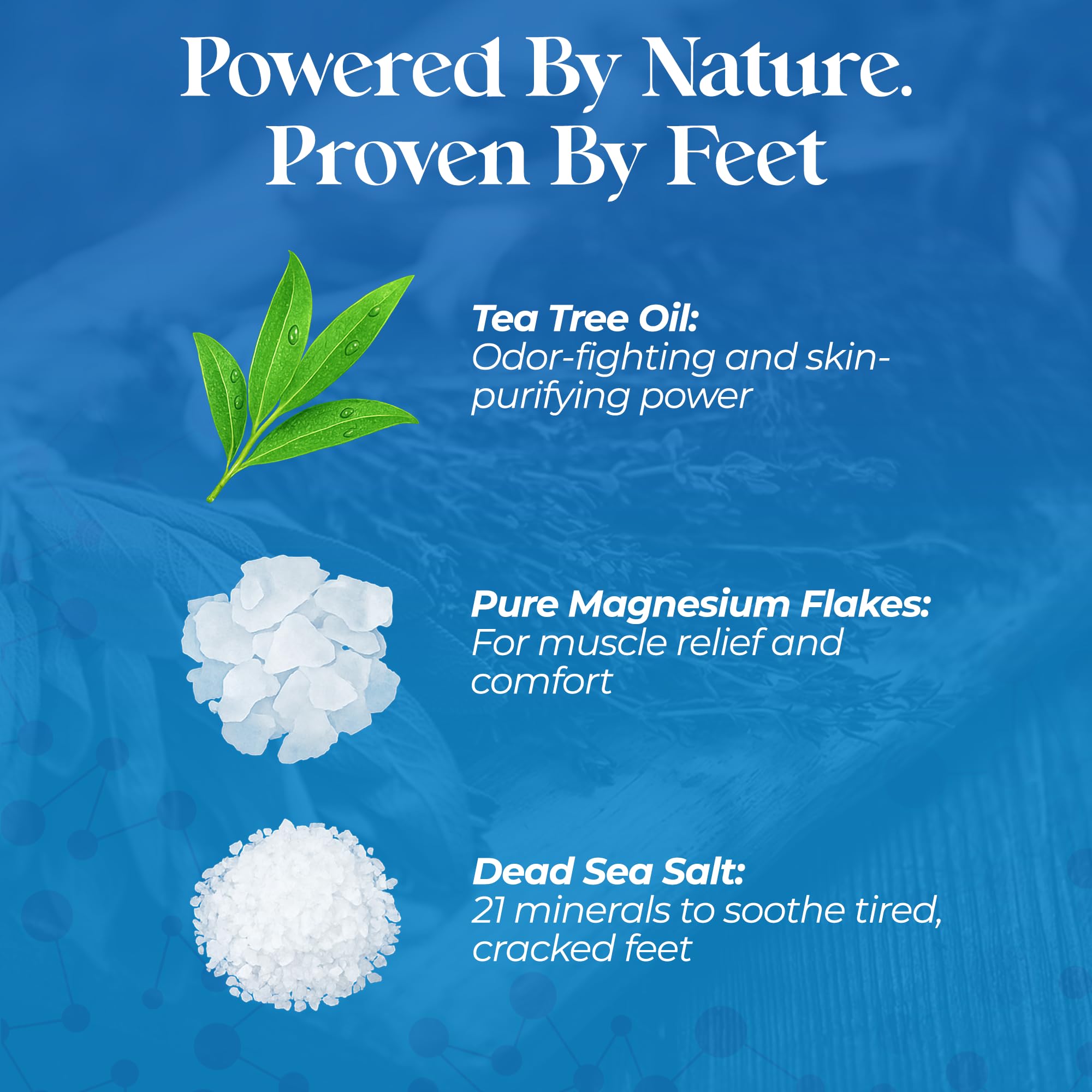 Aromasong Tea Tree Foot Soak displays Dead Sea salts and oils for spa-like care.