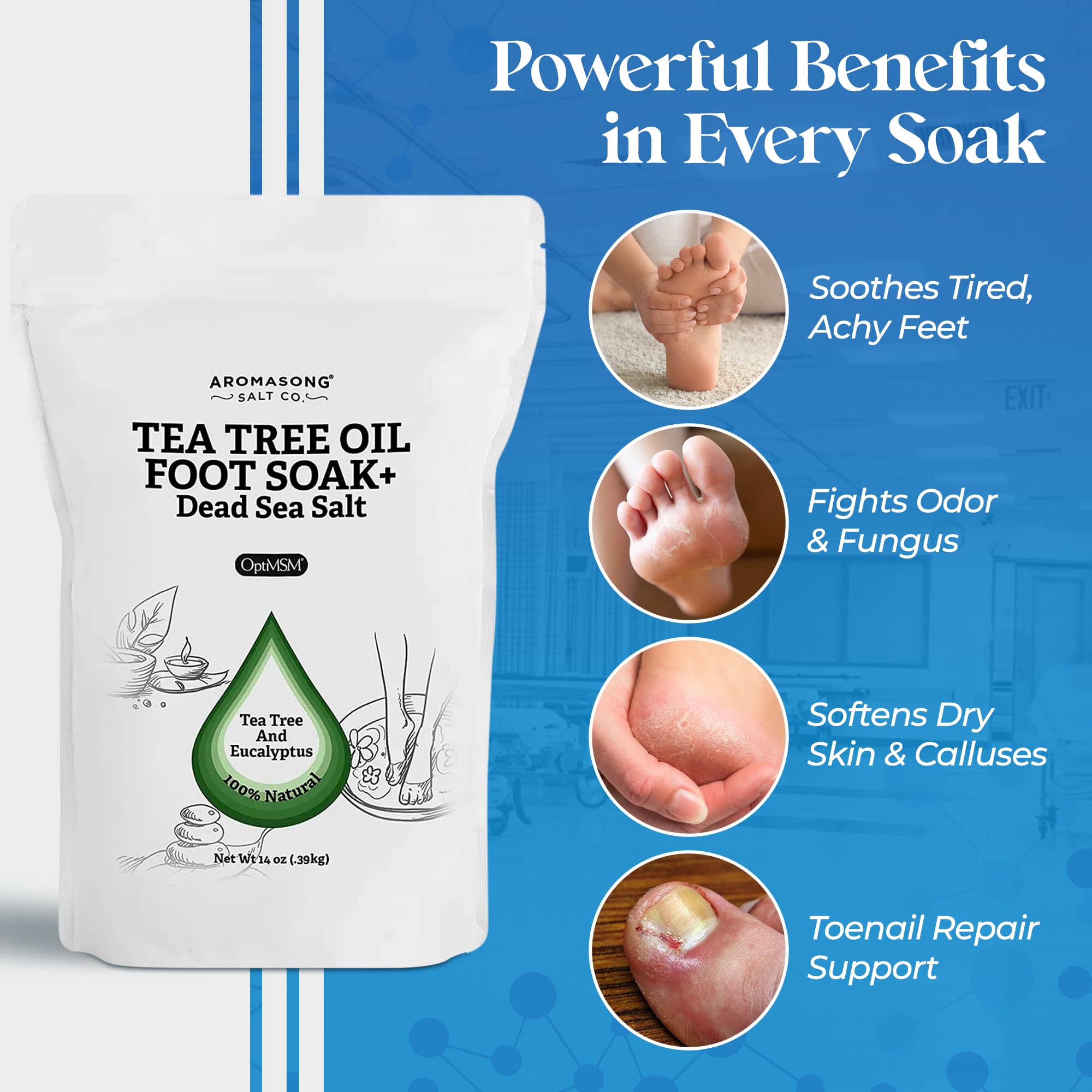 Aromasong magnesium flakes closeup showing minerals for nourished foot skin.