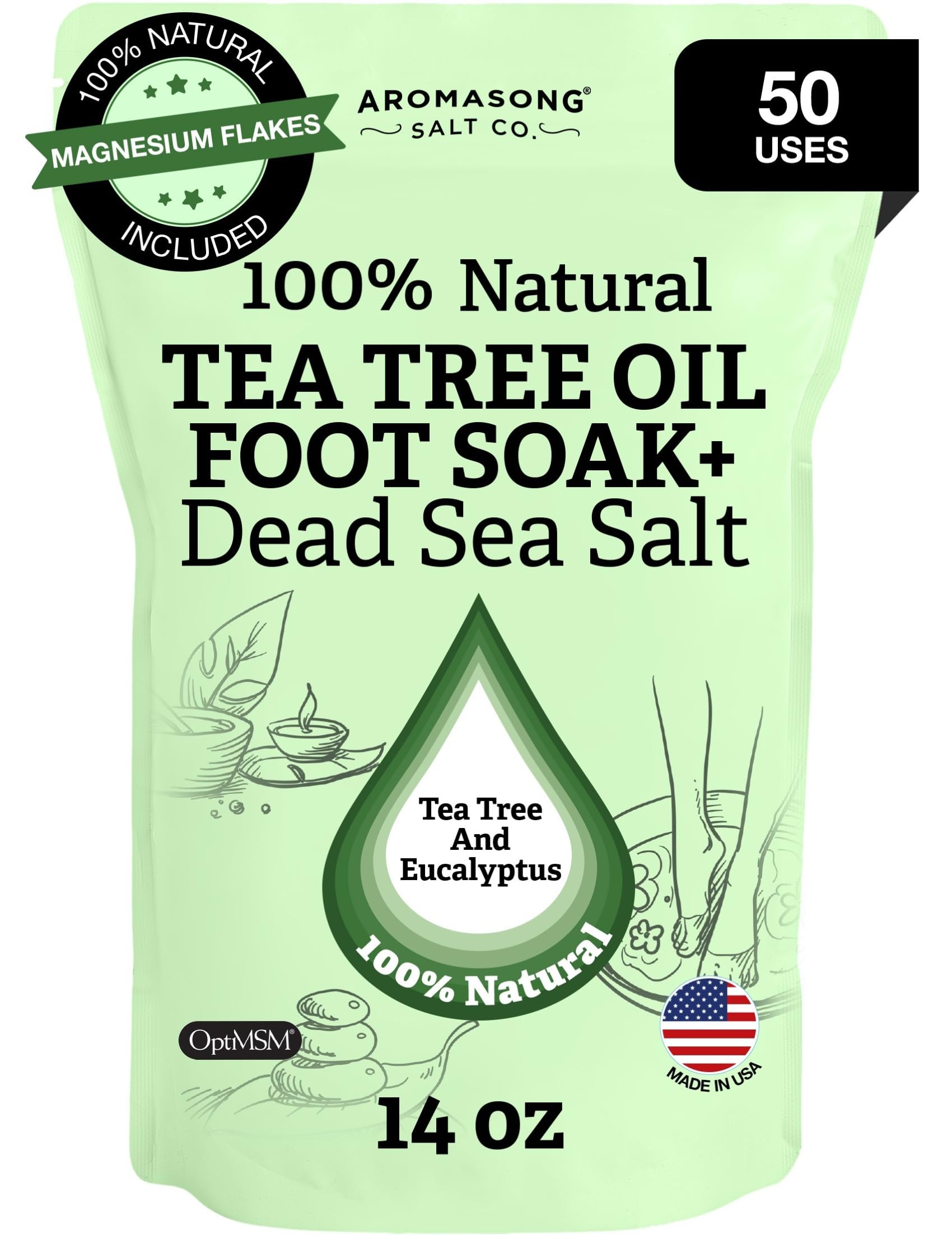 Aromasong Tea Tree Foot Soak pours magnesium flakes for a refreshing foot bath.