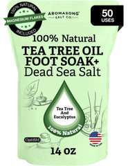 Aromasong Tea Tree Foot Soak pours magnesium flakes for a refreshing foot bath.