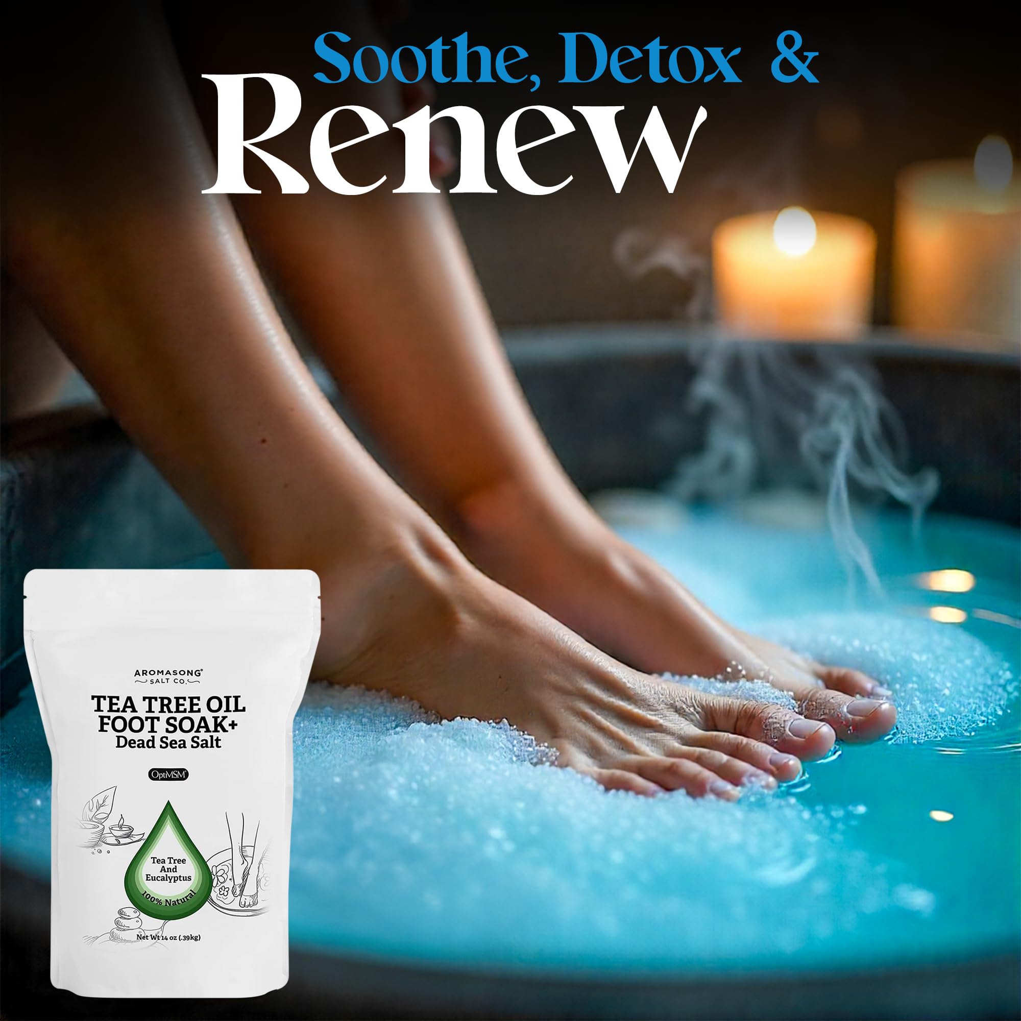 Aromasong Tea Tree Foot Soak soft-skin aftercare while hydrating feet.