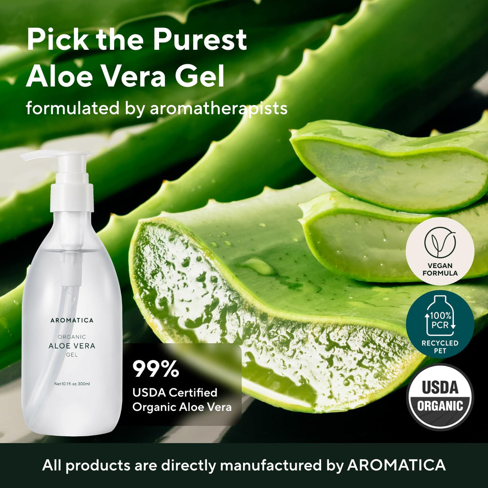 AROMATICA Aloe Vera Gel for face and hair hydration.