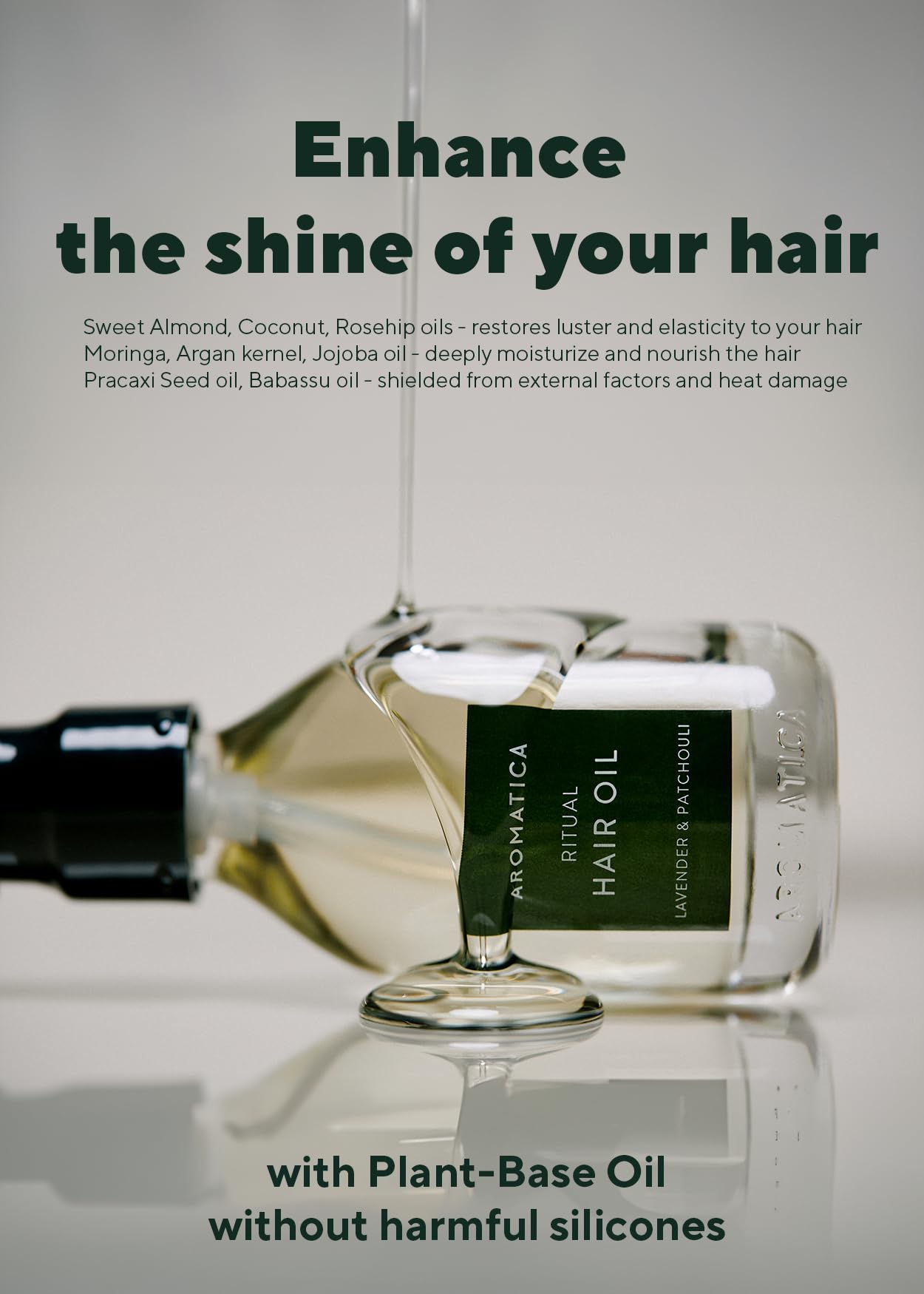 AROMATICA lightweight hair oil shown absorbing without heaviness on strands.