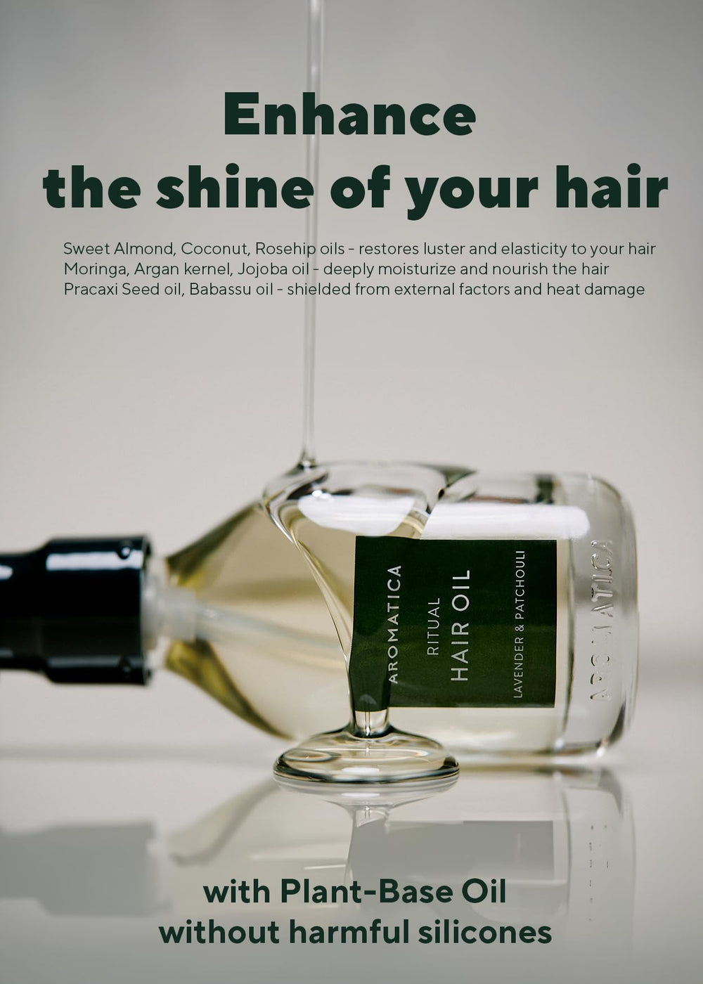 AROMATICA lightweight hair oil shown absorbing without heaviness on strands.