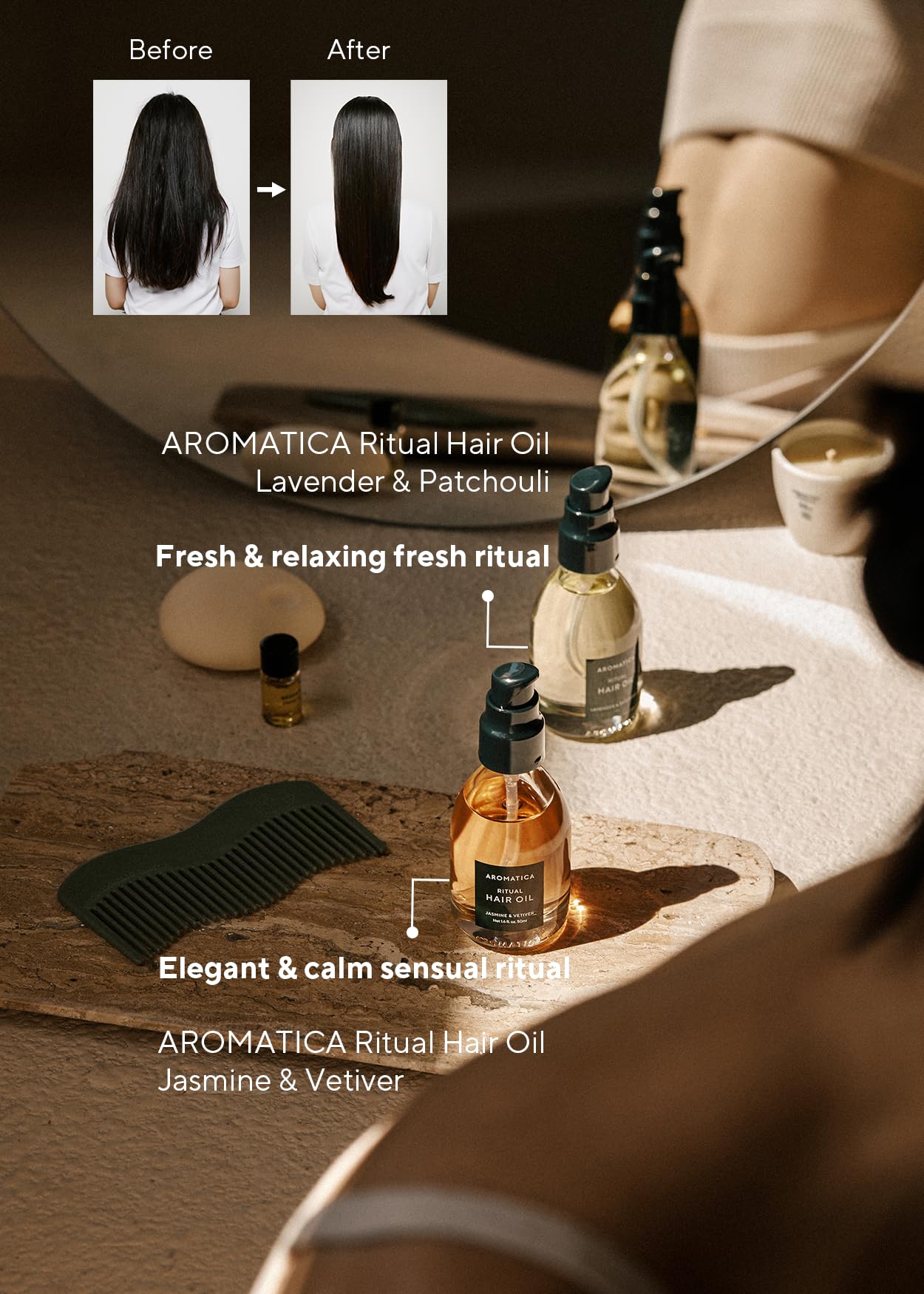 AROMATICA natural ingredient blend including moringa, argan, and jojoba oils.