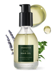 AROMATICA Ritual Lavender & Patchouli Oil bottle offering natural shine for dry, textured hair.