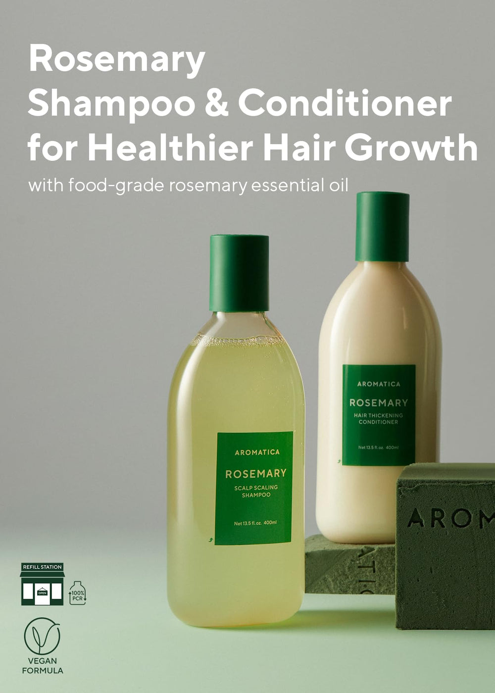 AROMATICA Rosemary Conditioner bottle promoting smoother, hydrated hair with vegan care