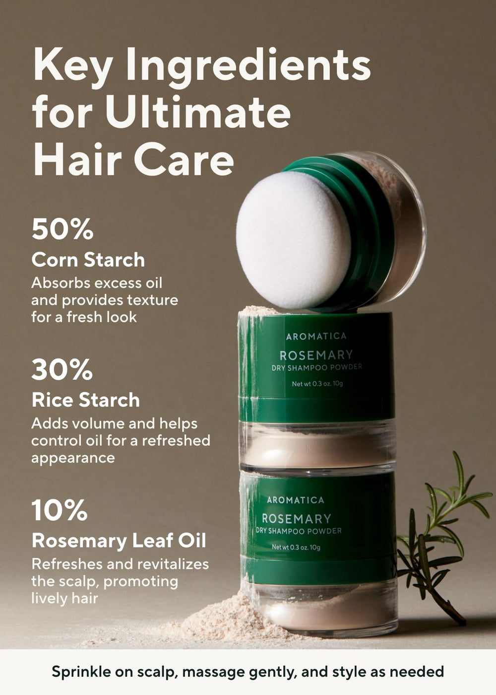 AROMATICA Rosemary Dry Shampoo Powder applied to hair shows instant volumizing feel and oil control.