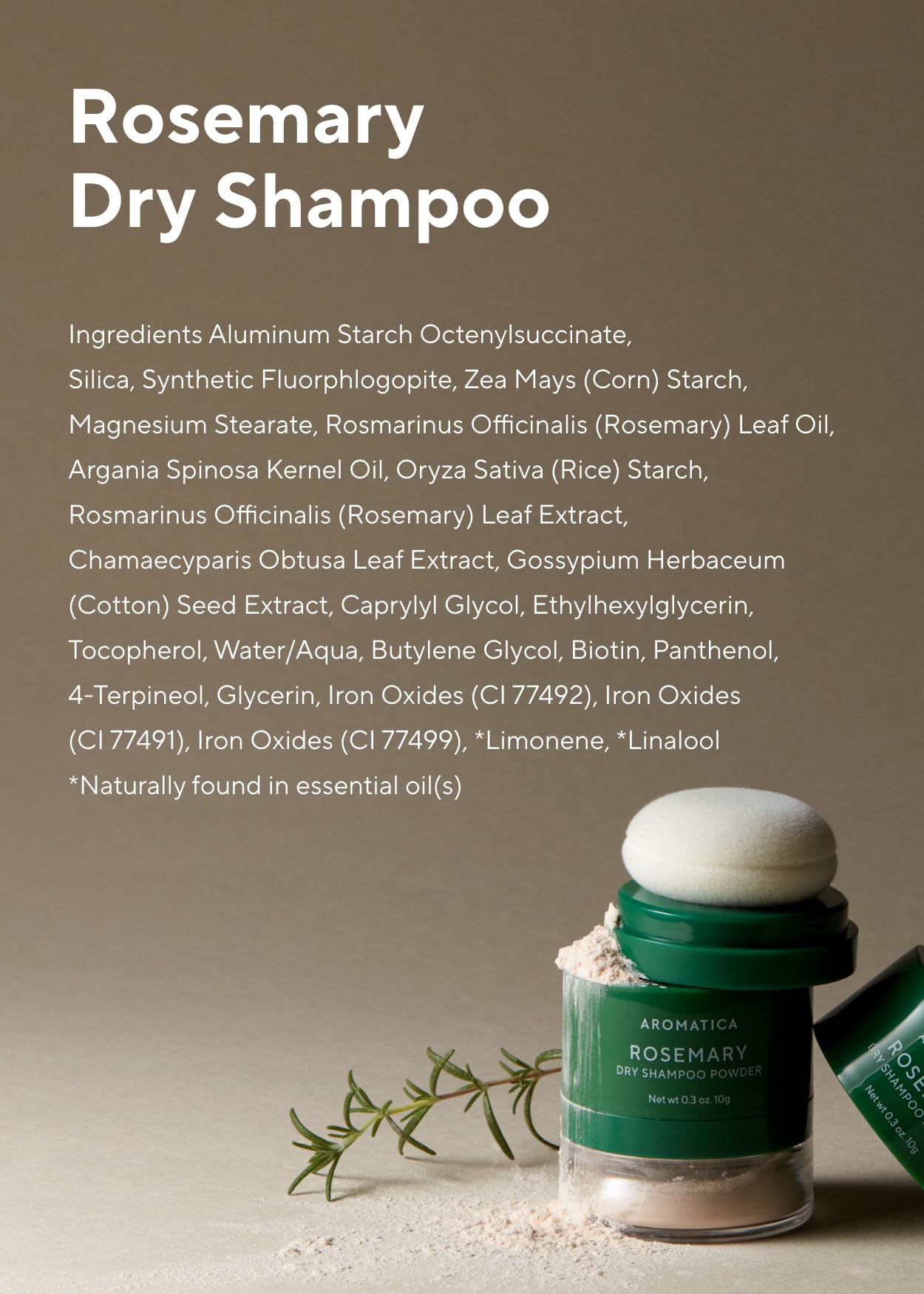 AROMATICA Rosemary Dry Shampoo Powder mini bottle shows travel-ready size for quick resets.