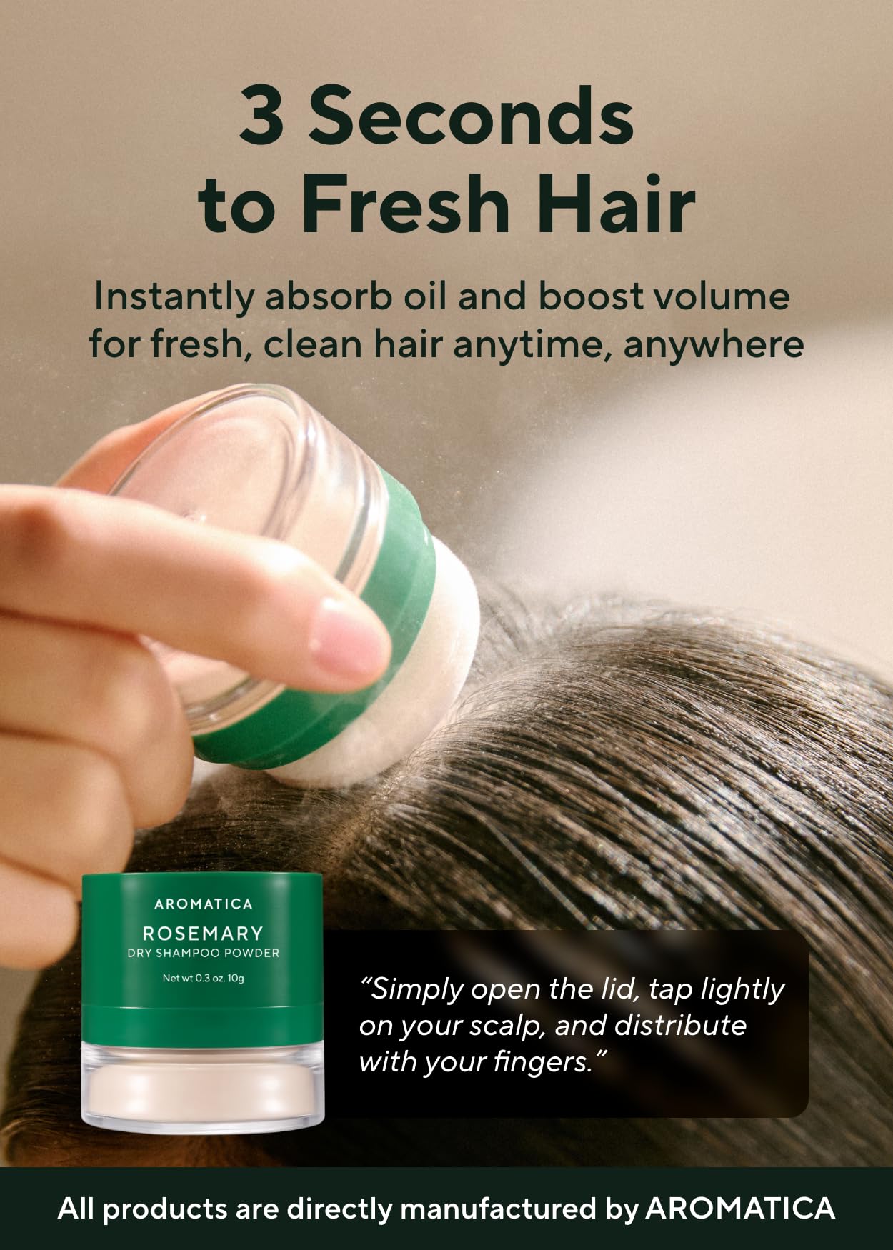 AROMATICA Rosemary Dry Shampoo Powder pour action demonstrating easy shake-on oil absorption.