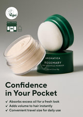 AROMATICA Rosemary Dry Shampoo Powder tin open caption conveys quick refresh between washes.