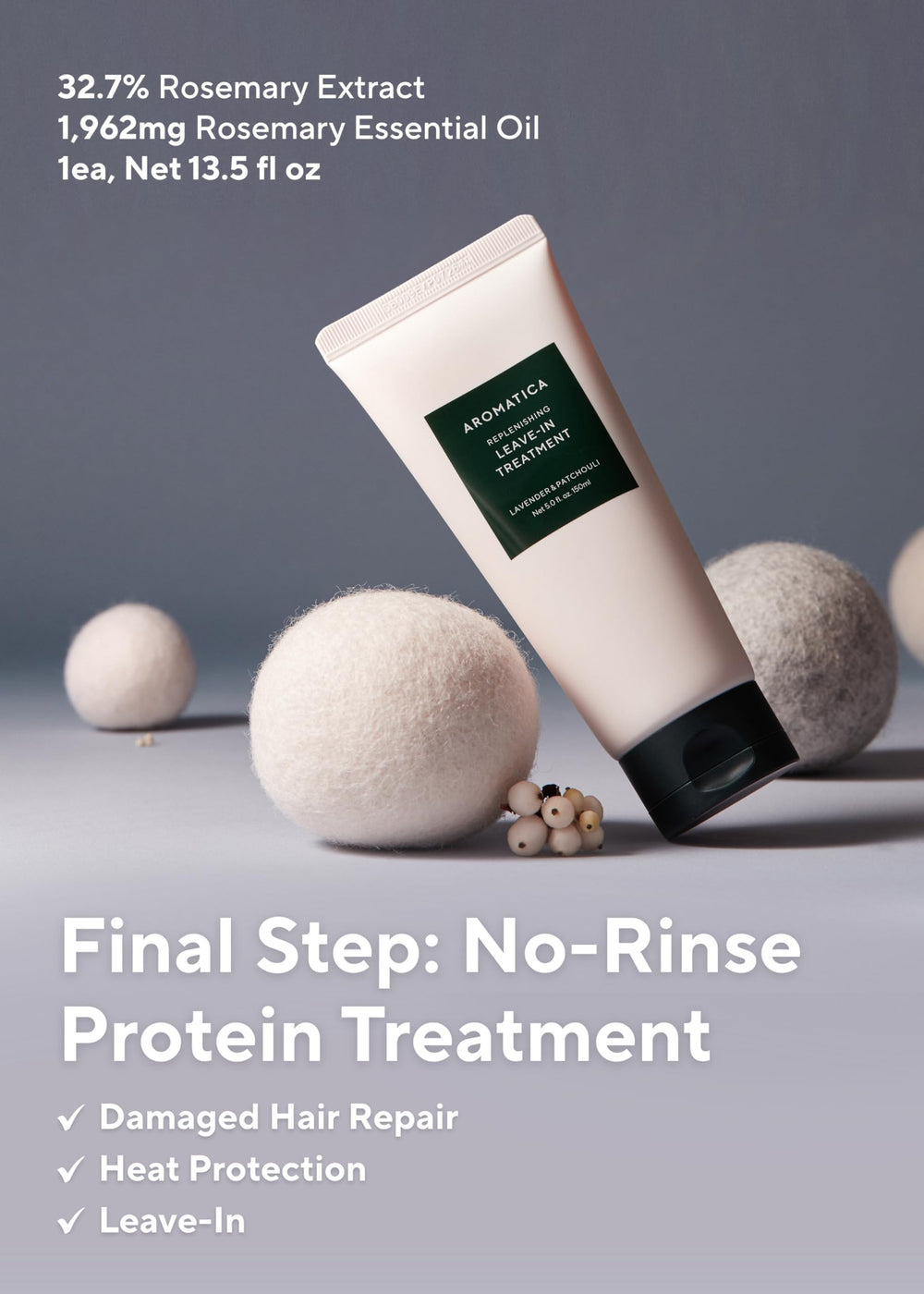 AROMATICA Rosemary Heat Protection application demonstrating protection during styling