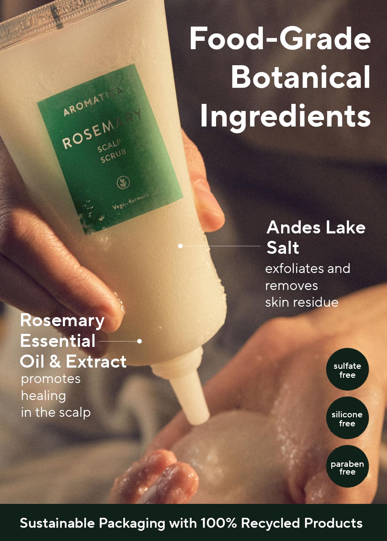 AROMATICA Rosemary Scalp Scrub applied pre-shampoo on damp hair.