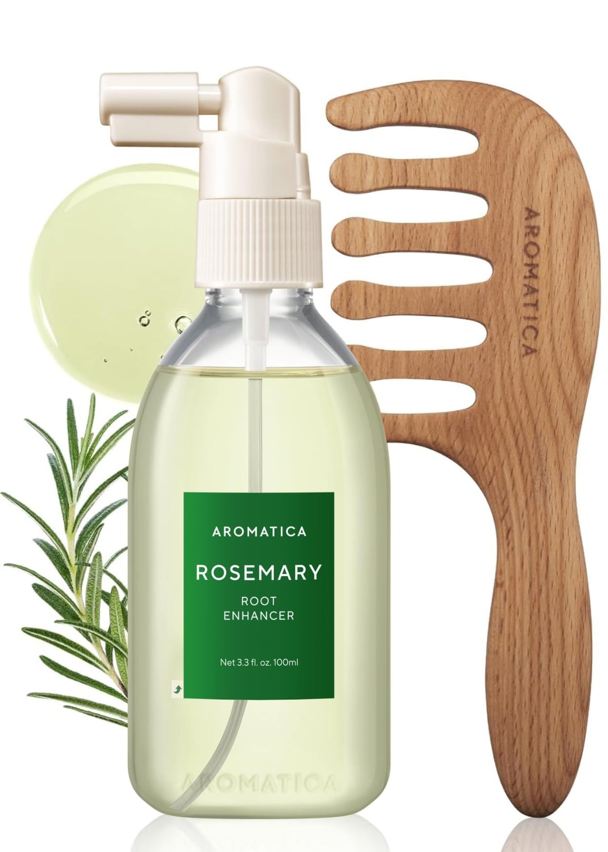 AROMATICA Rosemary Root Enhancer bottle closeup for hydrating scalp care.