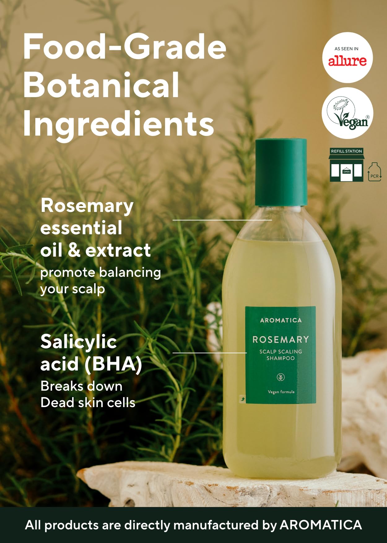 AROMATICA Rosemary Scalp Shampoo label closeup highlights plant-based formula.