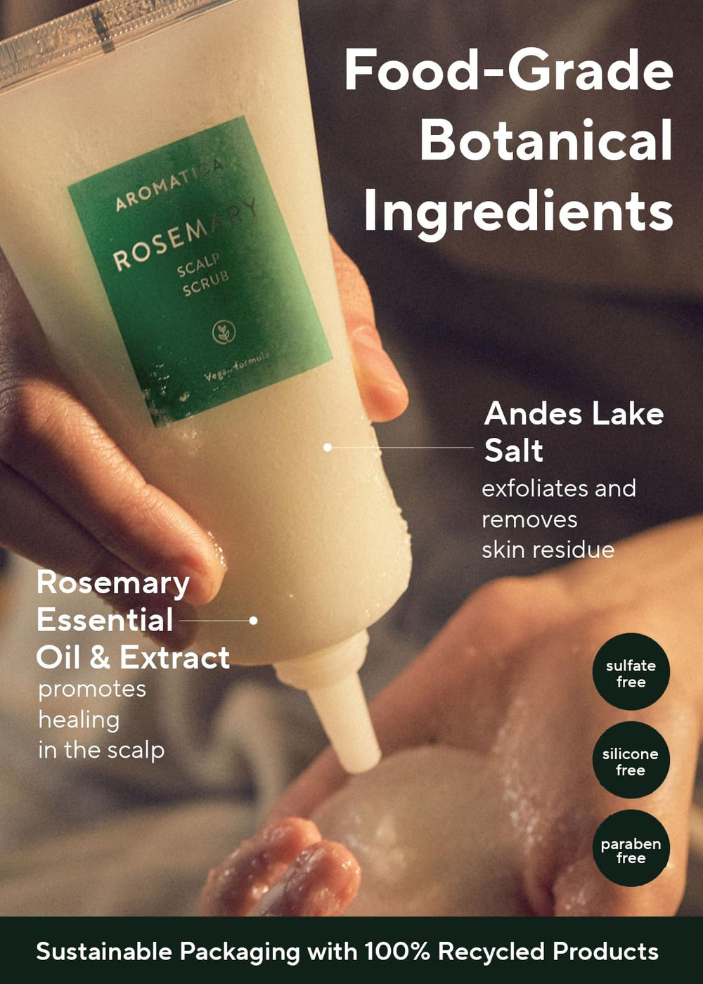 AROMATICA scalp scrub in hand ready for prewash treatment