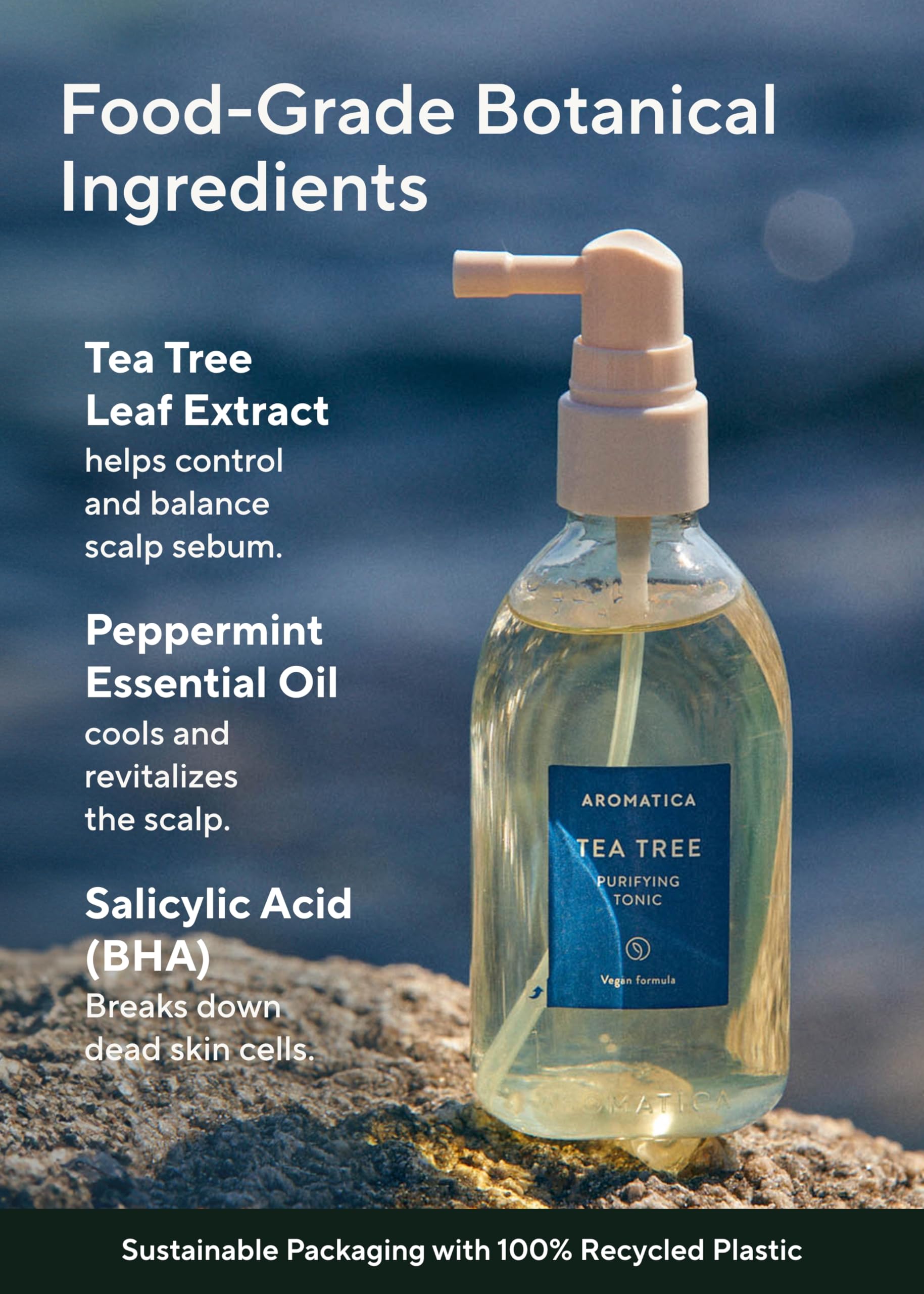 AROMATICA Tea Tree Purifying Tonic packaging highlighting vegan formula